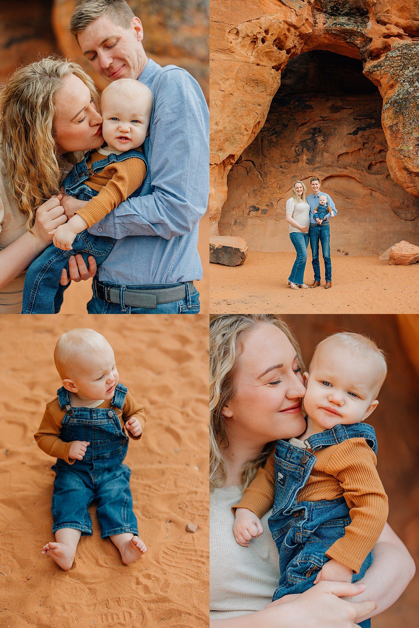 A collection of intimate family photos taken against red rock formations showing tender moments and embraces.
