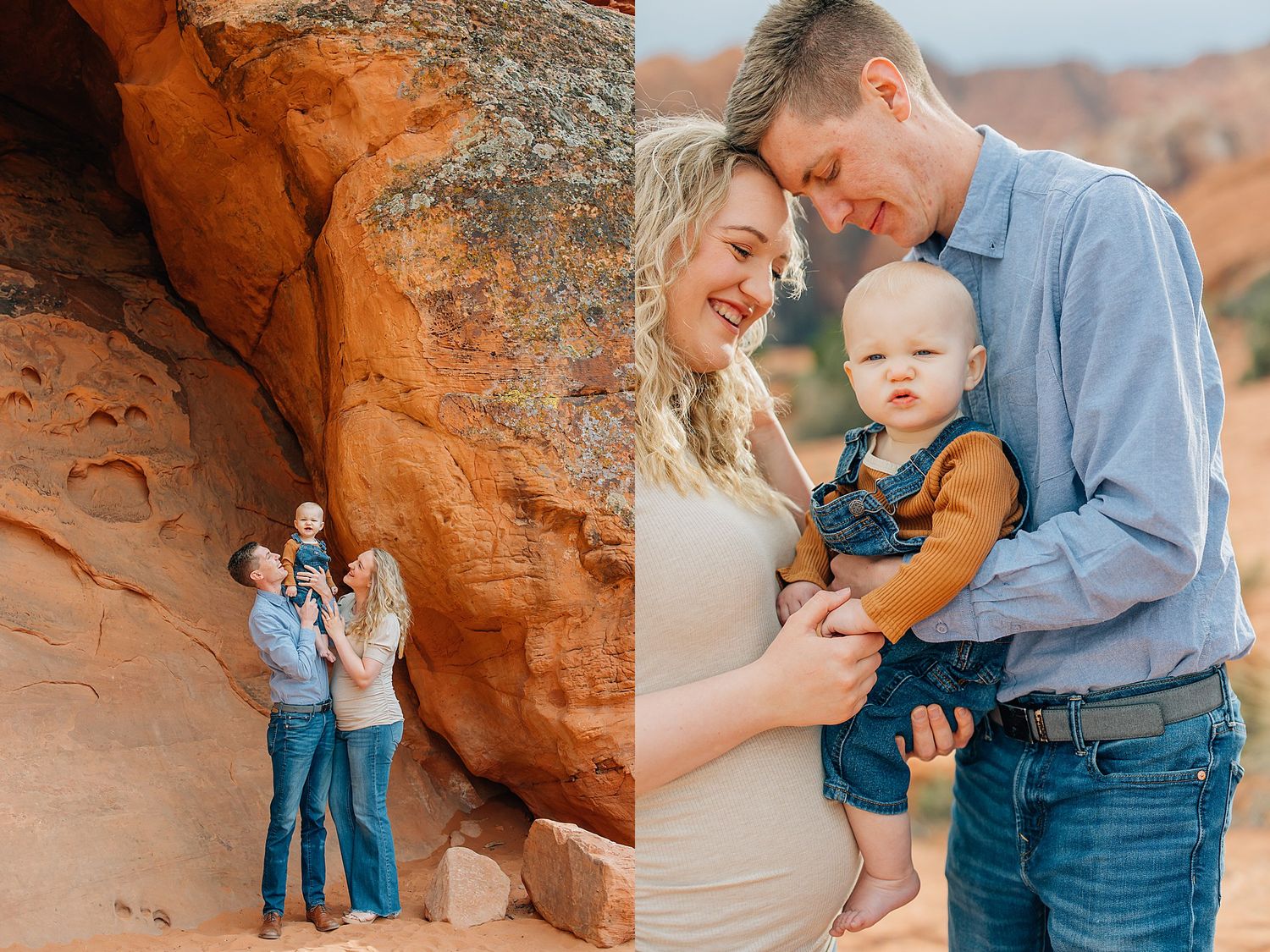 A couple shares tender moments during their engagement photo session at a scenic red rock formation in the desert.