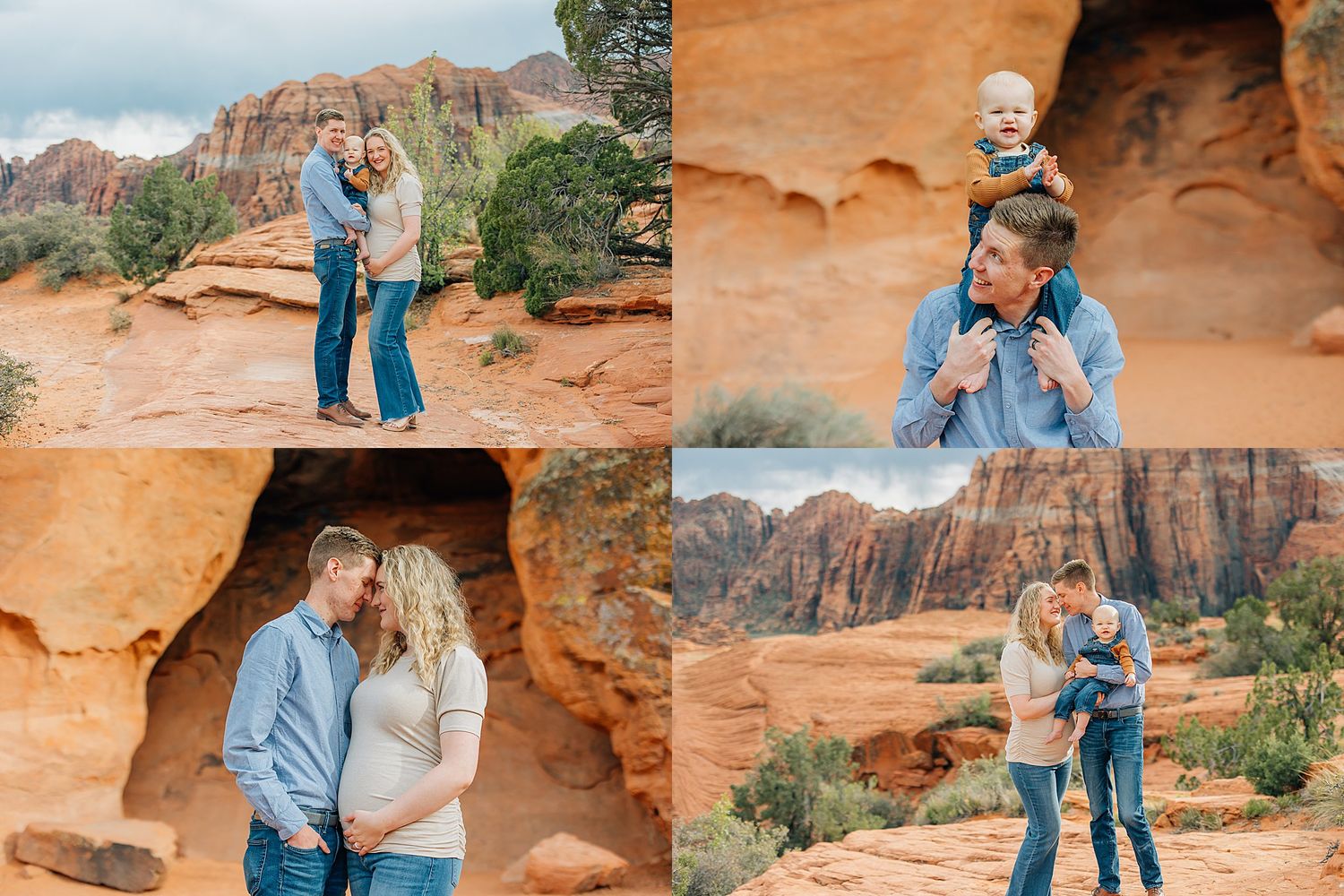 A romantic couple poses together against stunning red rock formations in a desert landscape at sunset.