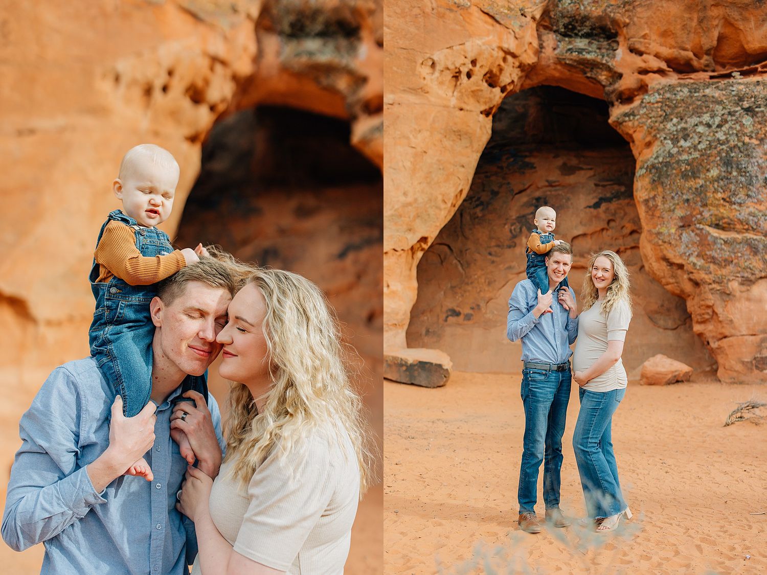 Candid family moments captured against beautiful orange sandstone cave formations.