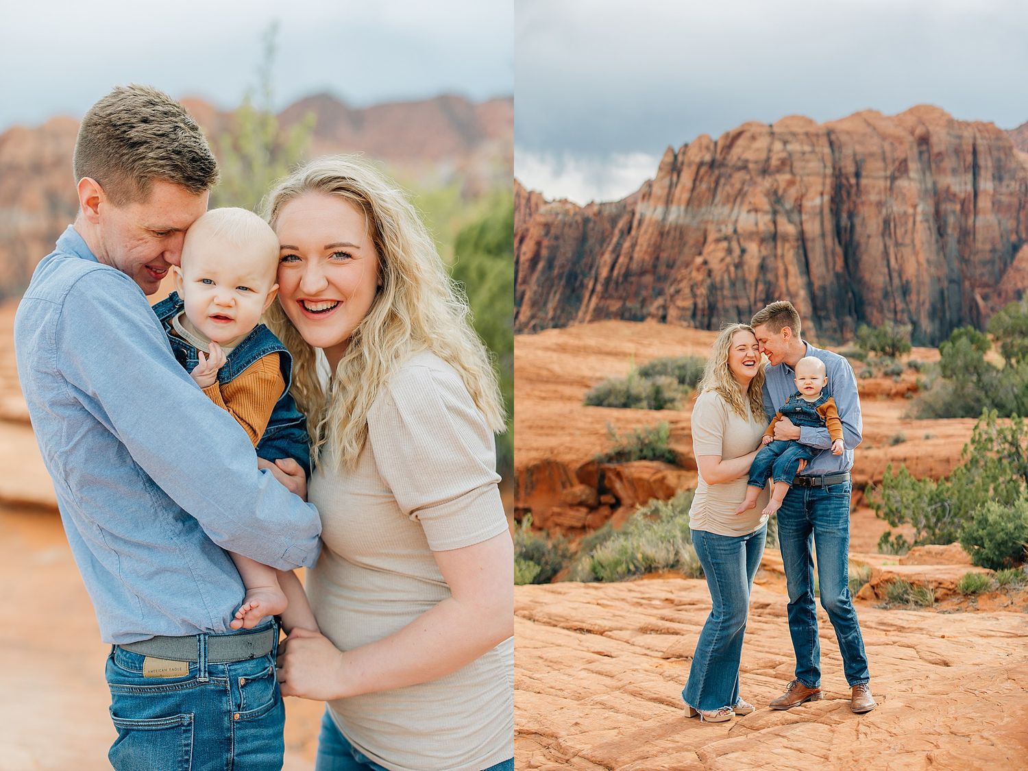 Family portraits set against dramatic red rock cliffs and desert scenery in Utah.
