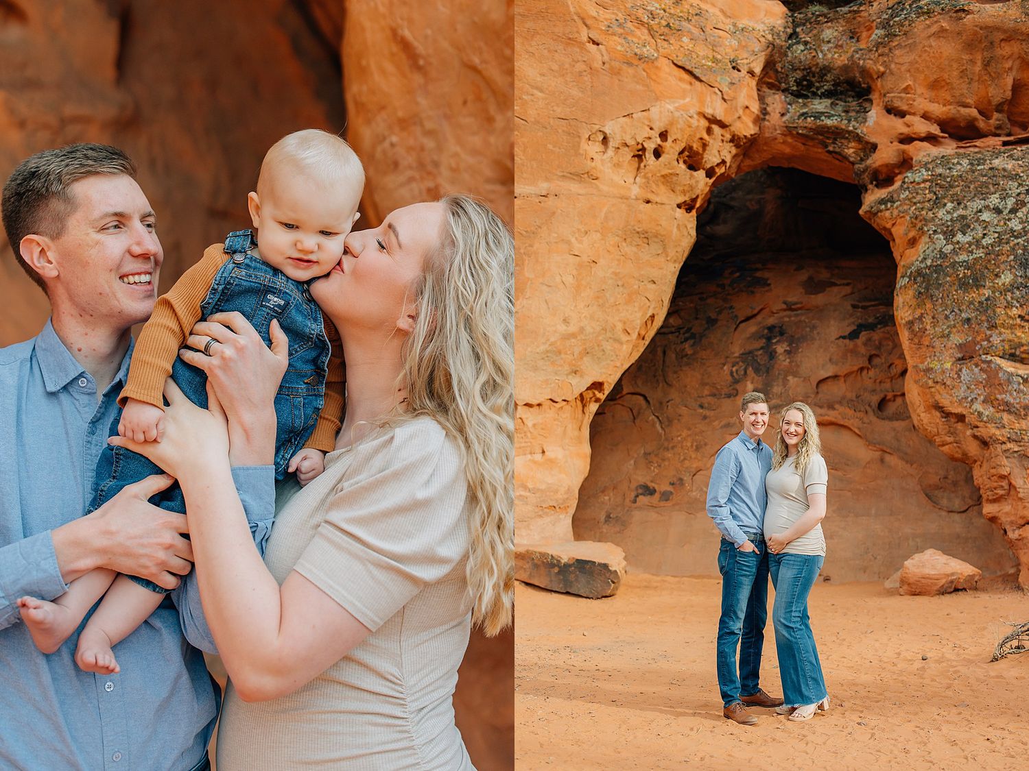 Family poses for romantic outdoor photo session among red rock formations at sunset.