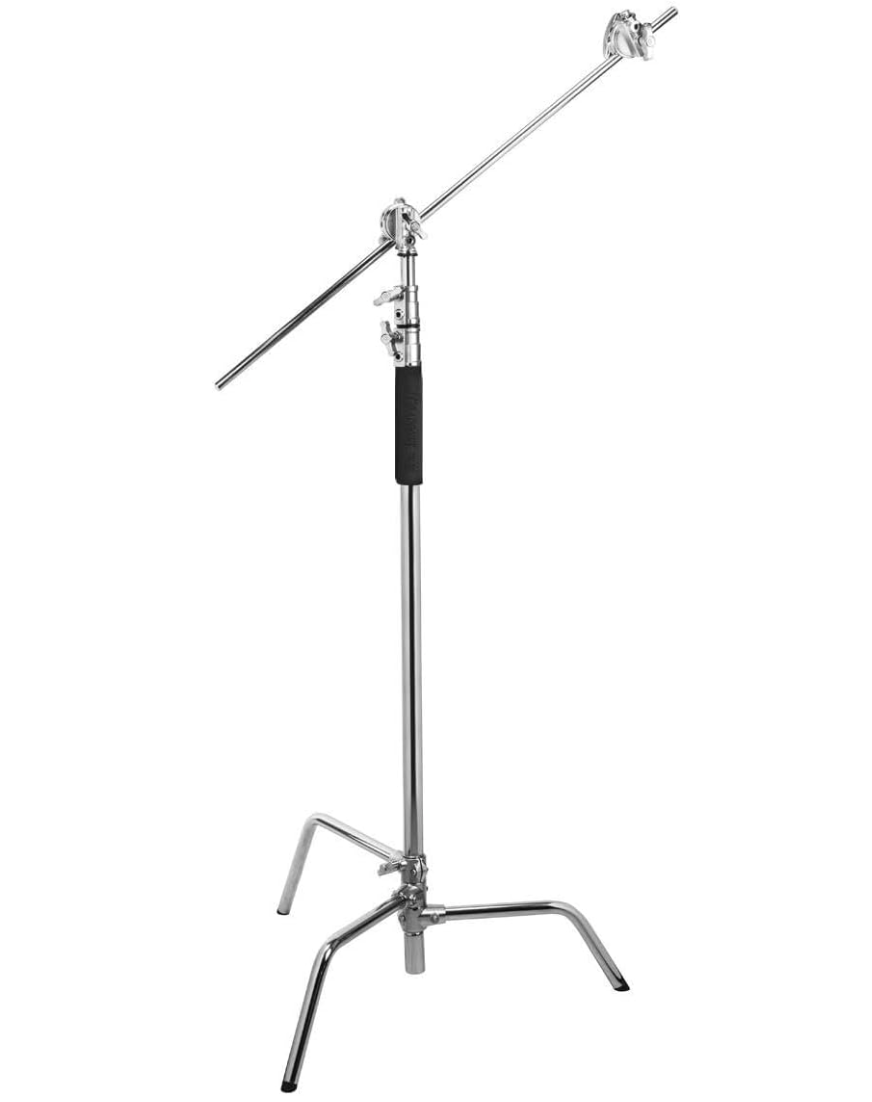 Four identical light stands with adjustable height and mounting arms arranged in a row against a white background.