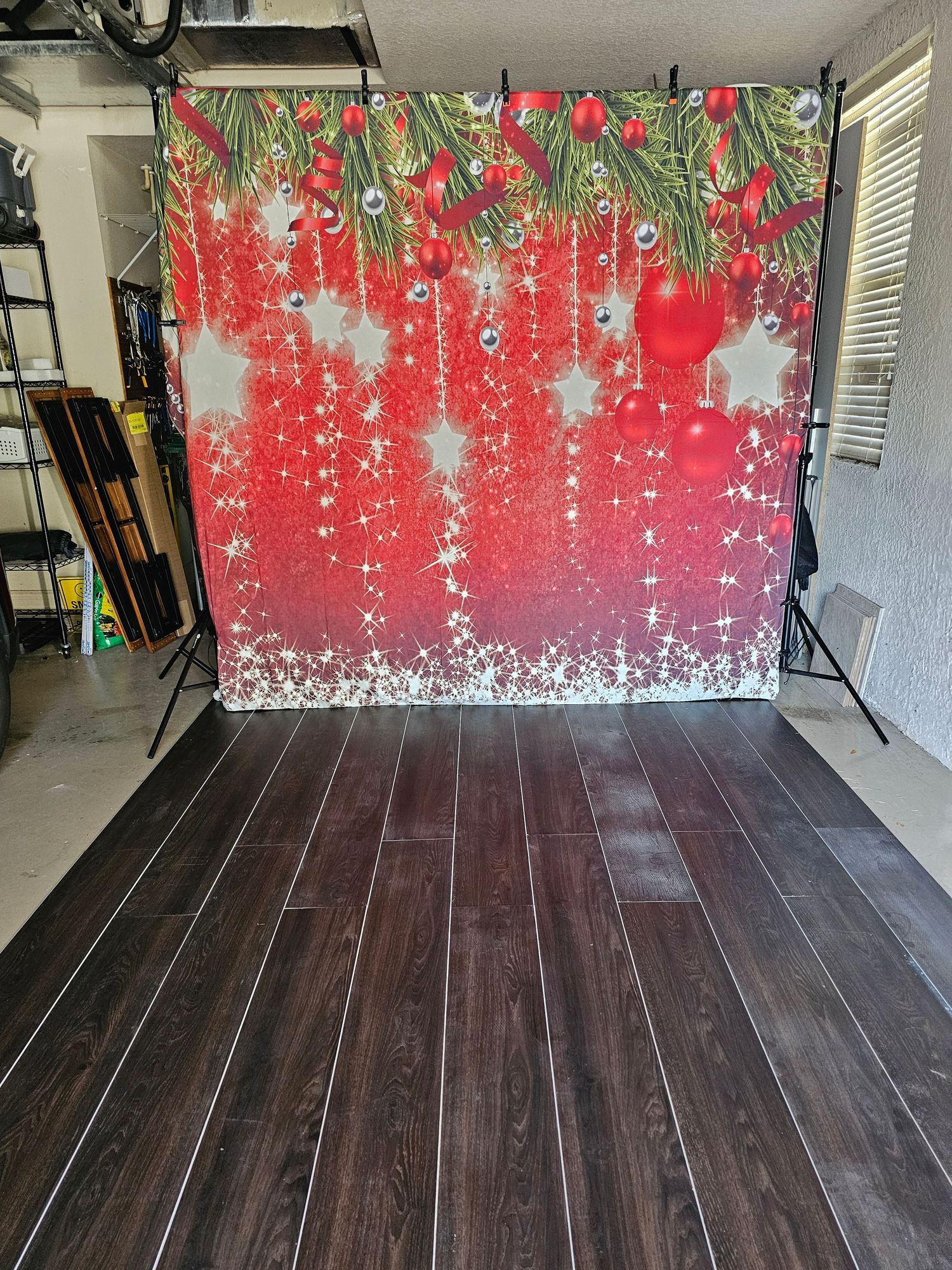 A collage showing the transformation of a dark hardwood floor installation against a festive red and white snowflake backdrop.