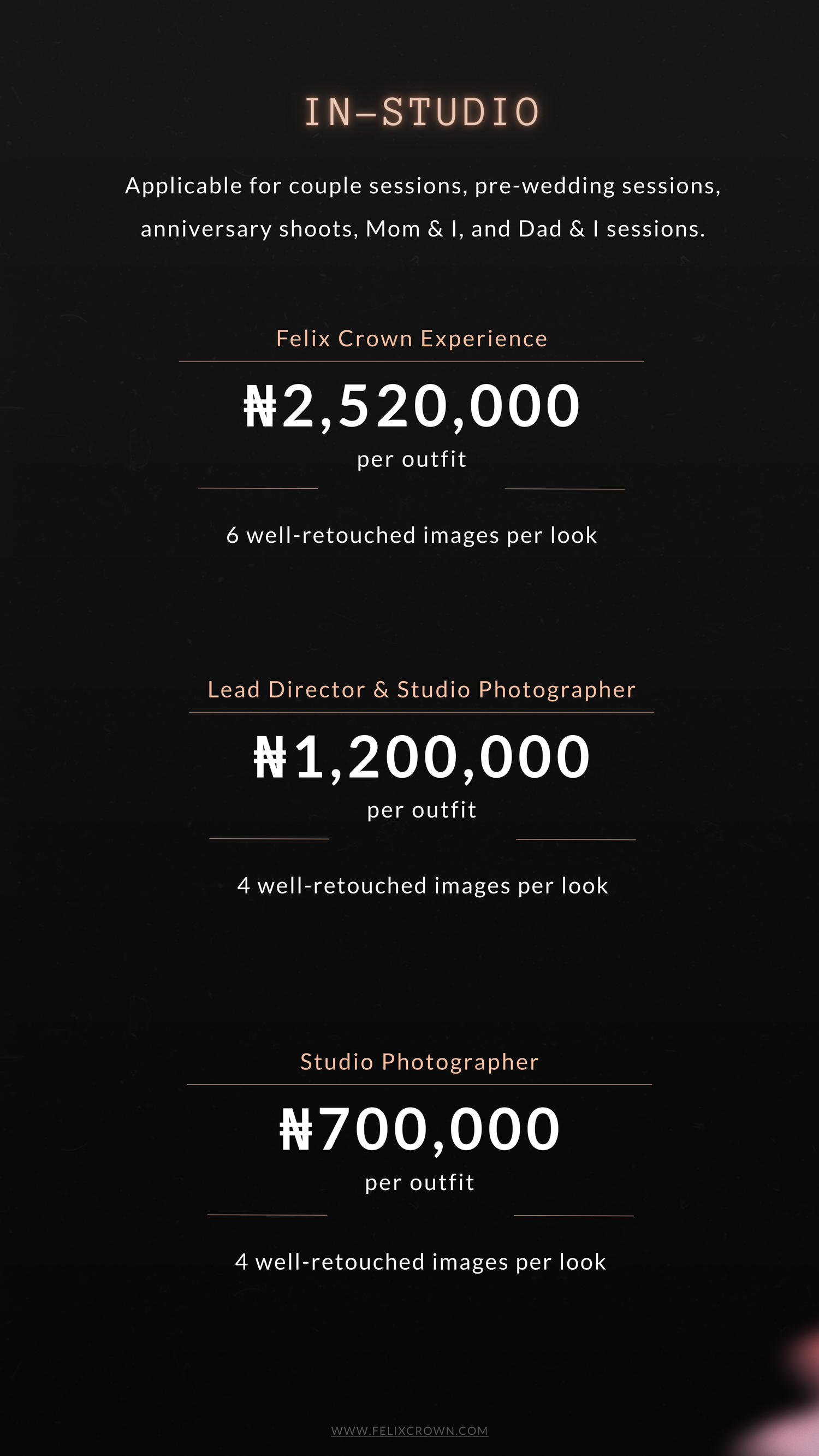 Photography pricing menu titled 'The Royal Experience' showing package details and rates on a dark background.