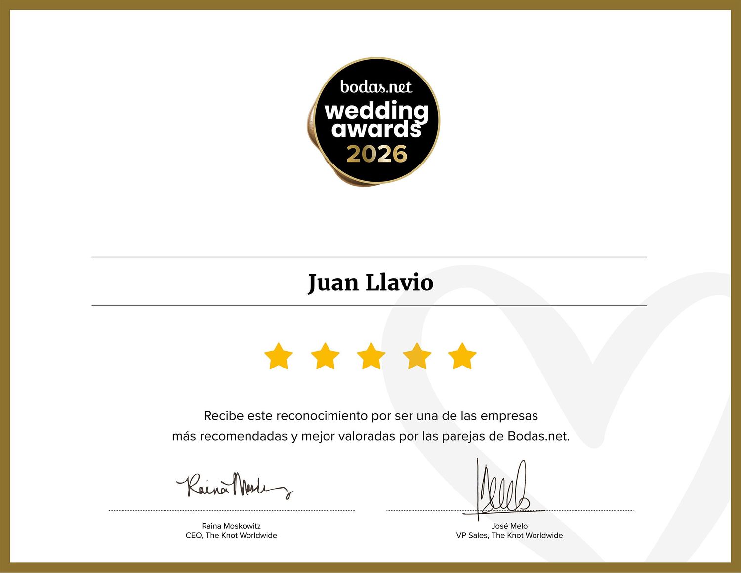 Premio Wedding Awards 2026 de Bodas.net otorgado a Juan Llavio, fotógrafo de bodas en Asturias