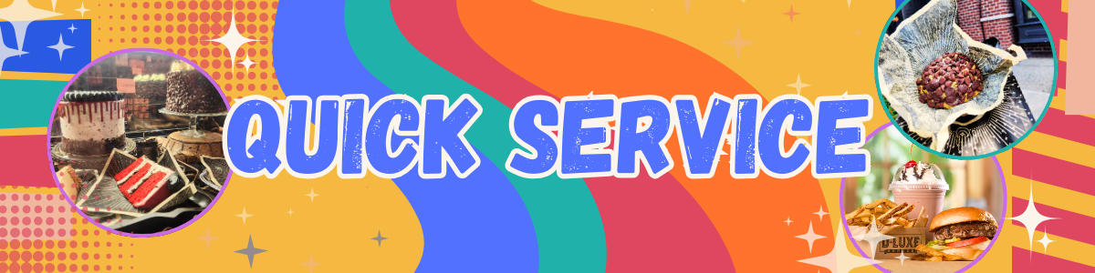 A colorful banner design with 'QUICK SERVICE' text against a vibrant rainbow background with sneakers and sports imagery.