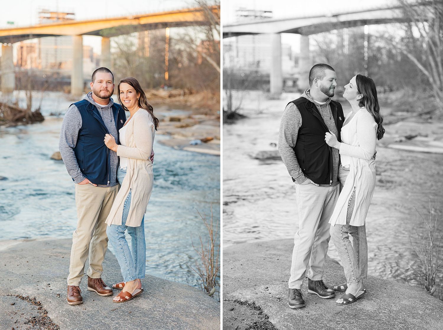 Romantic couple posing outdoors at sunset by rustic bridge in both color and black and white views.