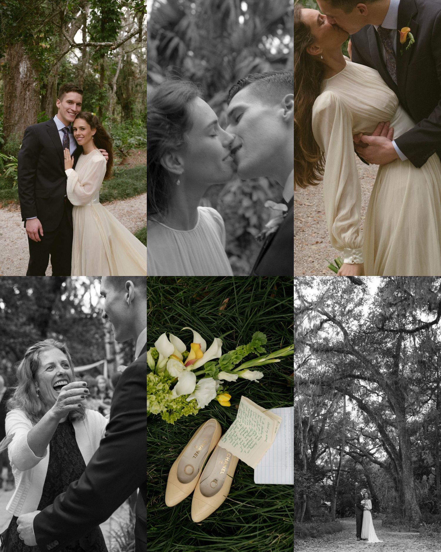 A romantic wedding photo collage featuring couples in an outdoor forest setting with floral details and ballet flats.