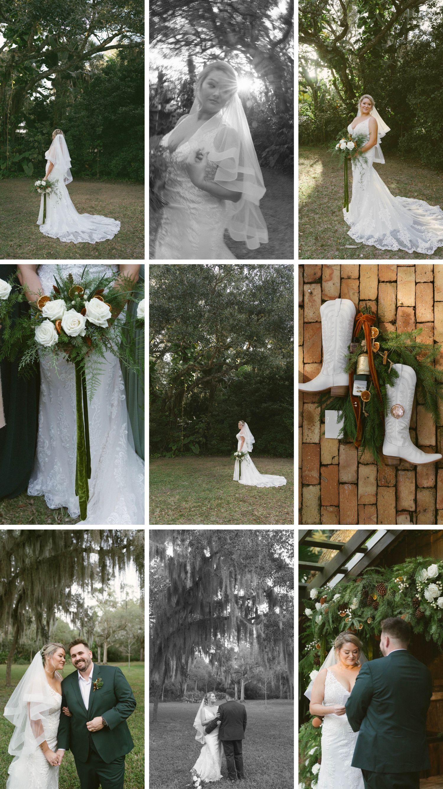 A collection of wedding photographs showing romantic moments in a garden setting with Spanish moss and elegant white dresses.