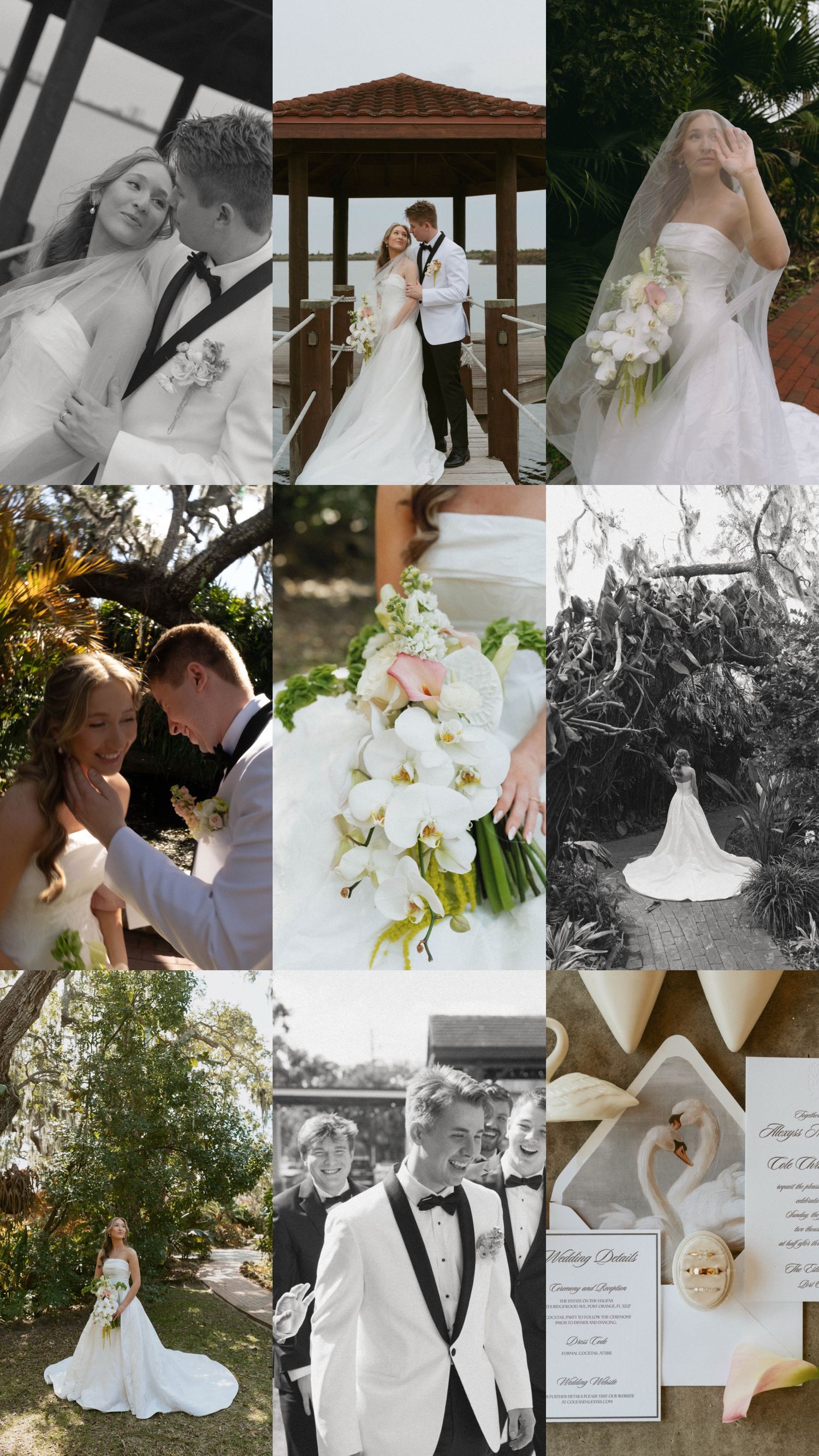 A collection of black and white and color wedding photos showing bridal details, floral arrangements, and romantic moments.