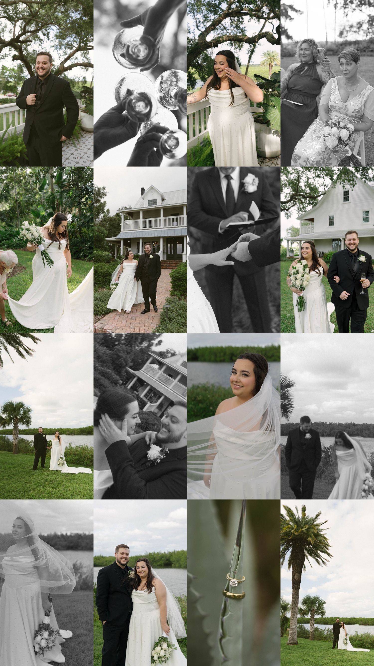 A romantic wedding photo collage featuring outdoor moments at a charming venue with white columns and lush greenery.