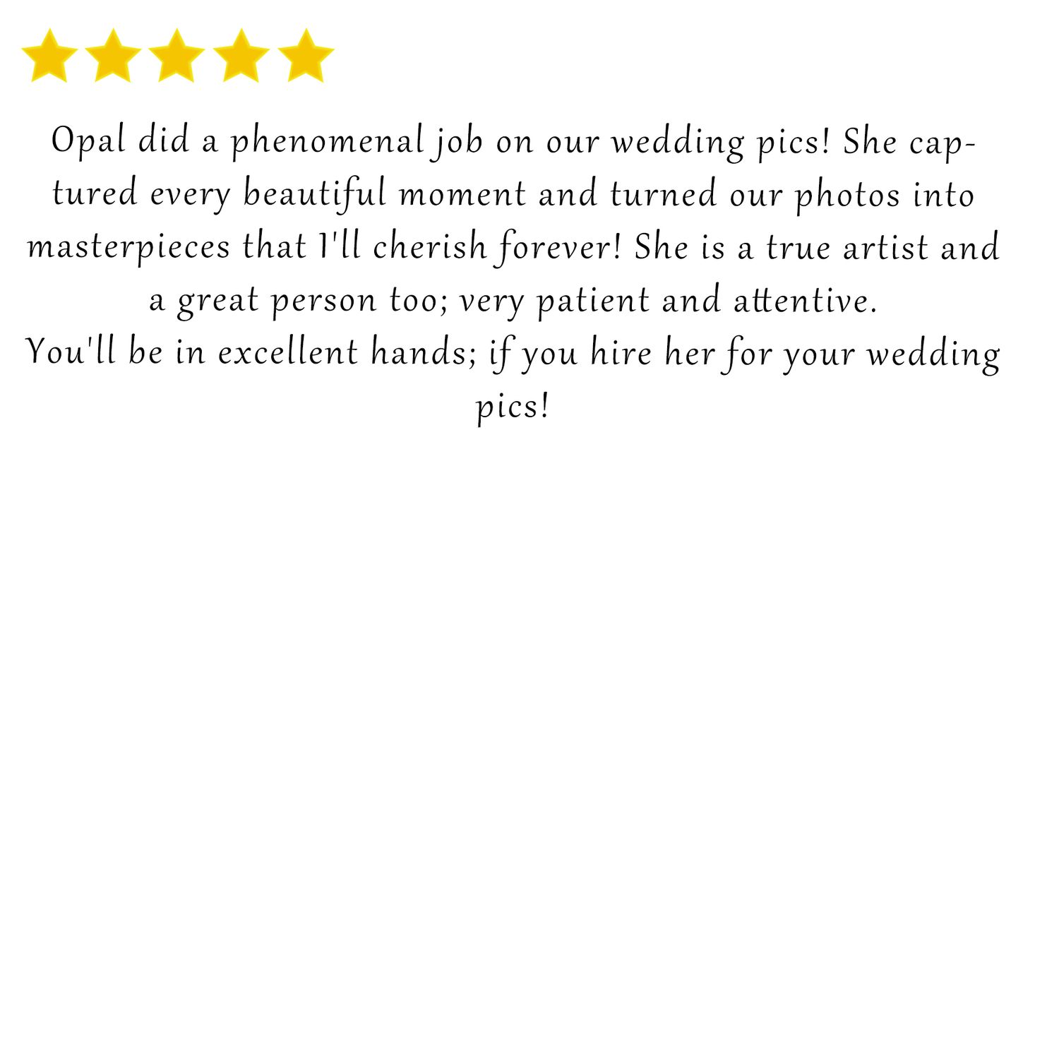 Brief five star review praising phenomenal wedding photography and patient, attentive service.