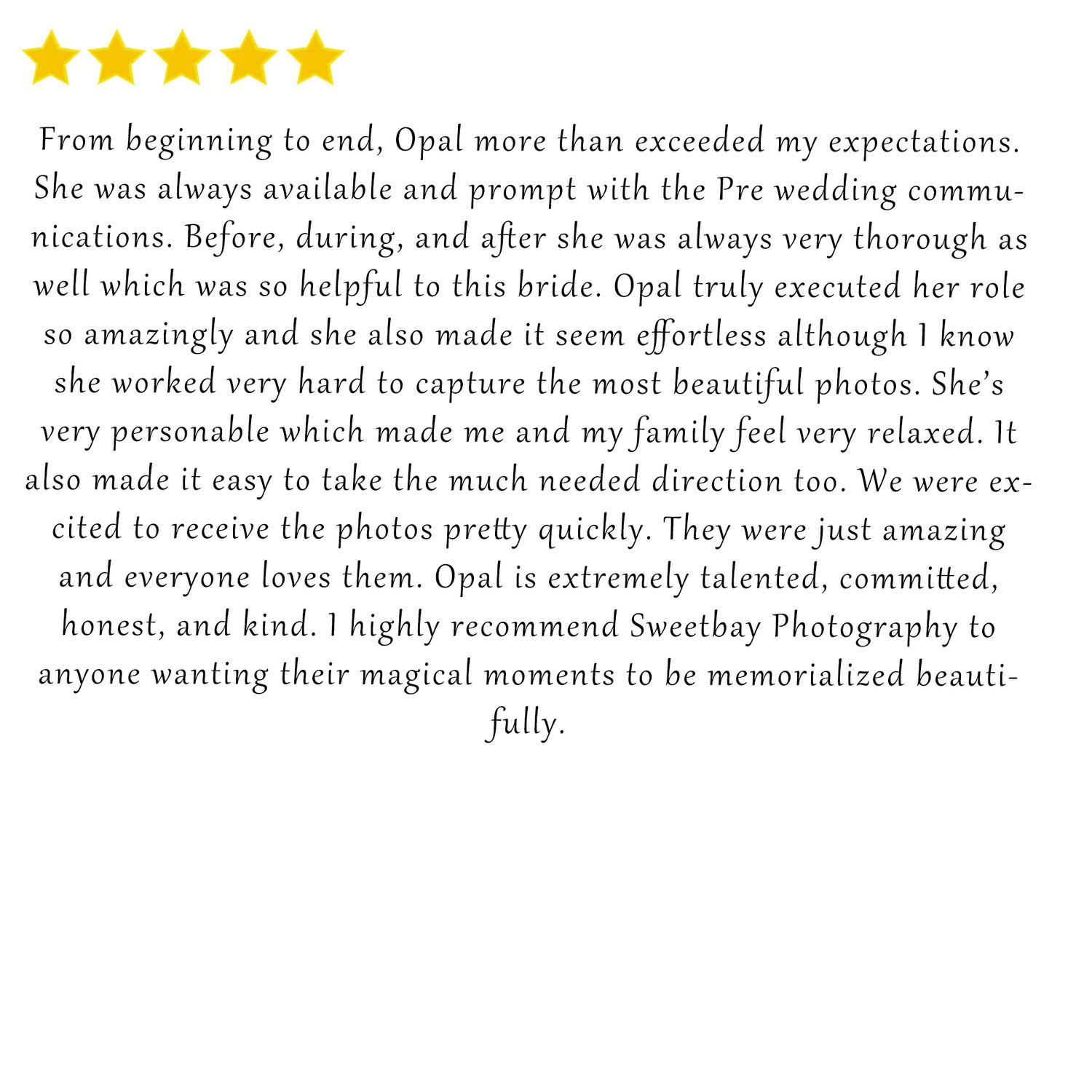 Detailed five star review highlighting photographer's professionalism and ability to create relaxed atmosphere.