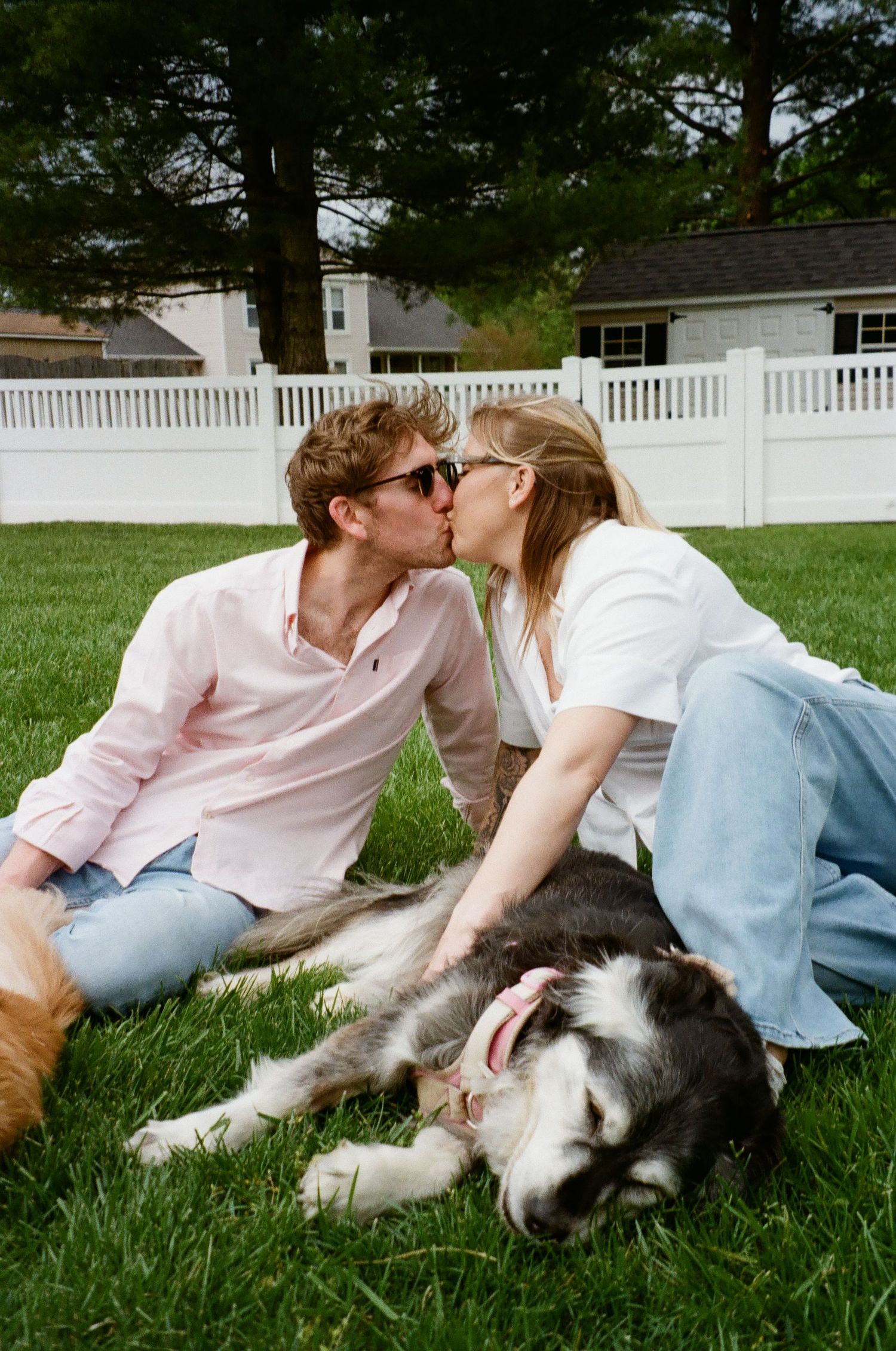 Couple kissing on grass with a husky dog, white picket fence and house in background.
