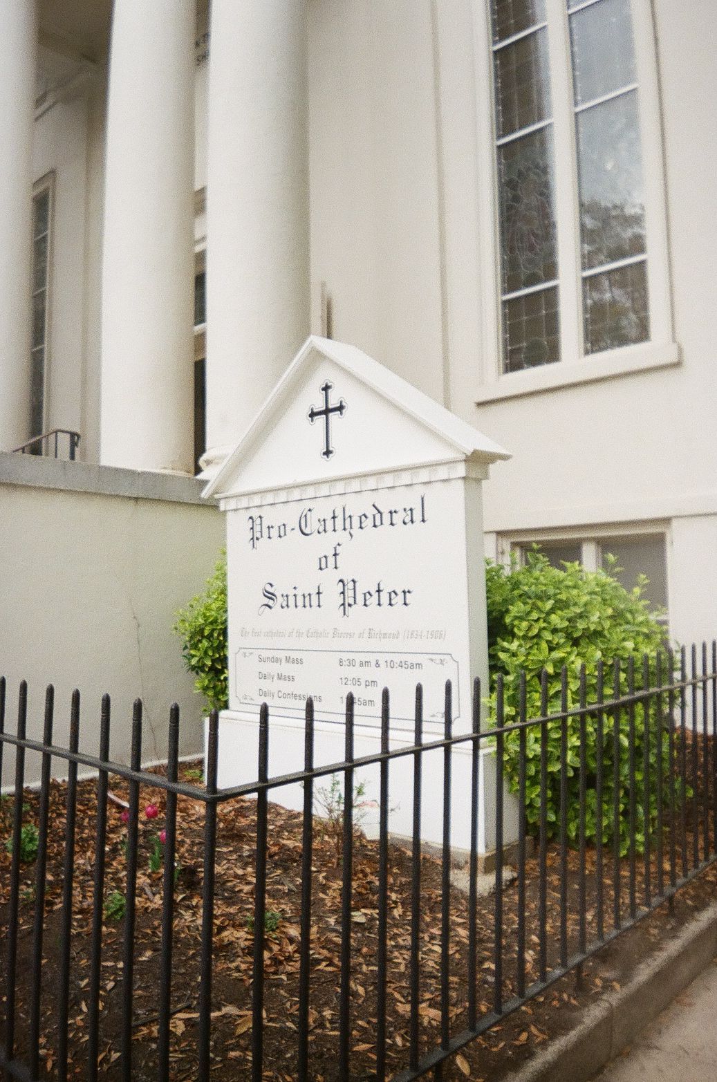 White church sign reading 'Pro Cathedral of Saint Peter' with a cross on top stands in front of bushes and iron fence.