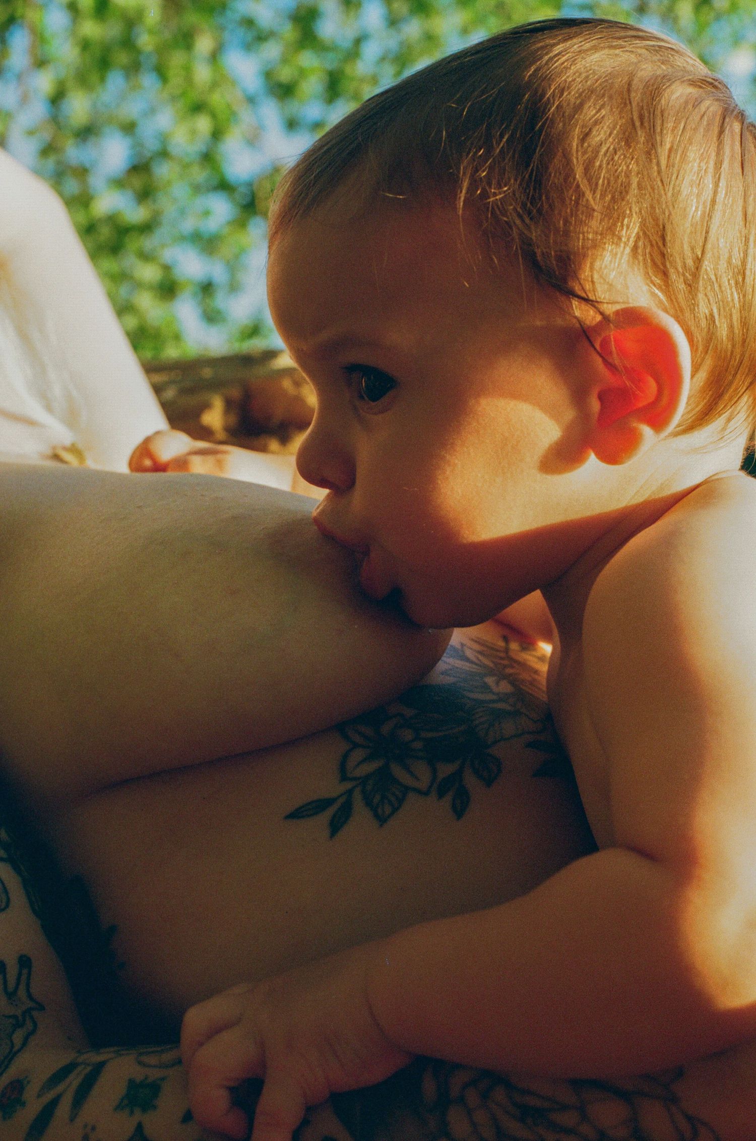 A baby breastfeeding from a tattooed mother outdoors in warm sunlight.