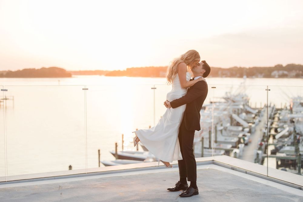 Golden hour wedding portraits at Clarks Landing in Point Pleasant . Coast New Jersey Wedding Photographer. East Coast Wedding Photographer.