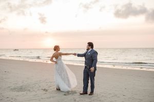 Golden hour wedding portraits on the beach at Ocean Edge Resort in Brewster, Cape Cod, Ma. East Coast Wedding photographer.