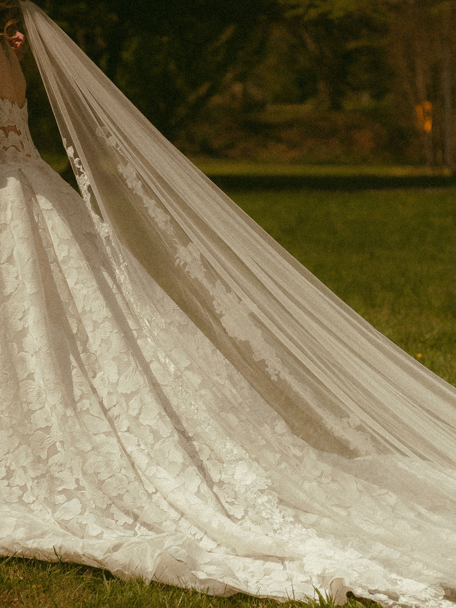 Elegant bridal gown with intricate lace detailing and an extended cathedral train spread across green grass.