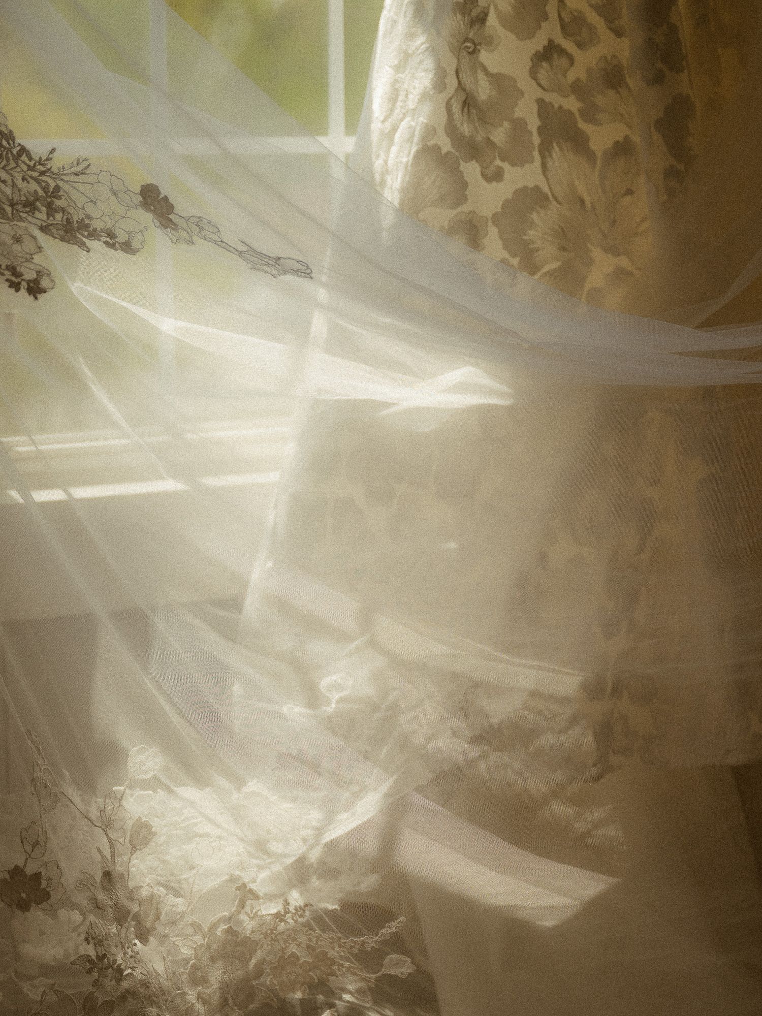 Soft sunlight filters through sheer white wedding veil draped over floral lace bridal gown near window.