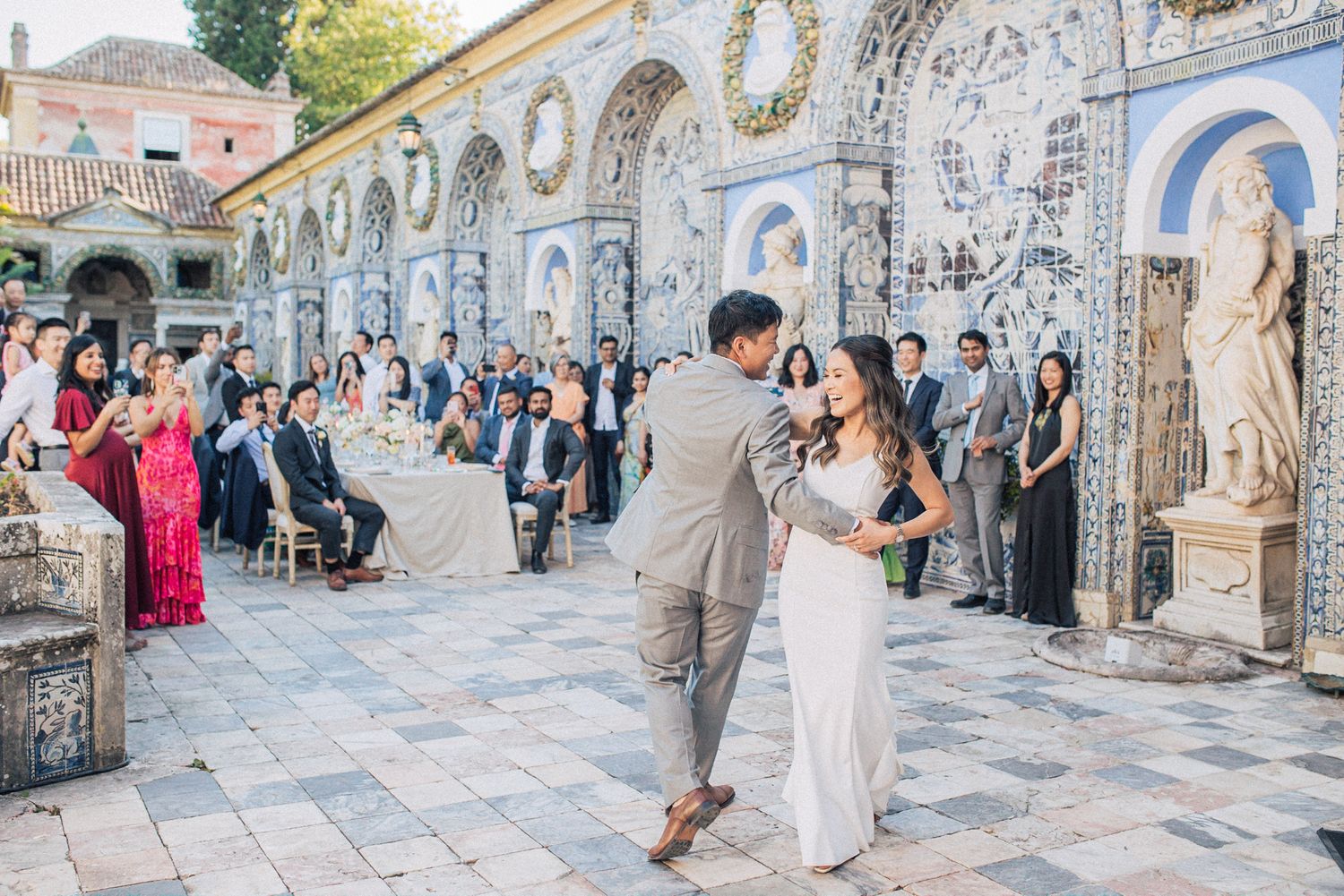 Elegant wedding reception setup against Portuguese tile walls at fonteira palace, captured by a destination wedding photographer in Portugal
