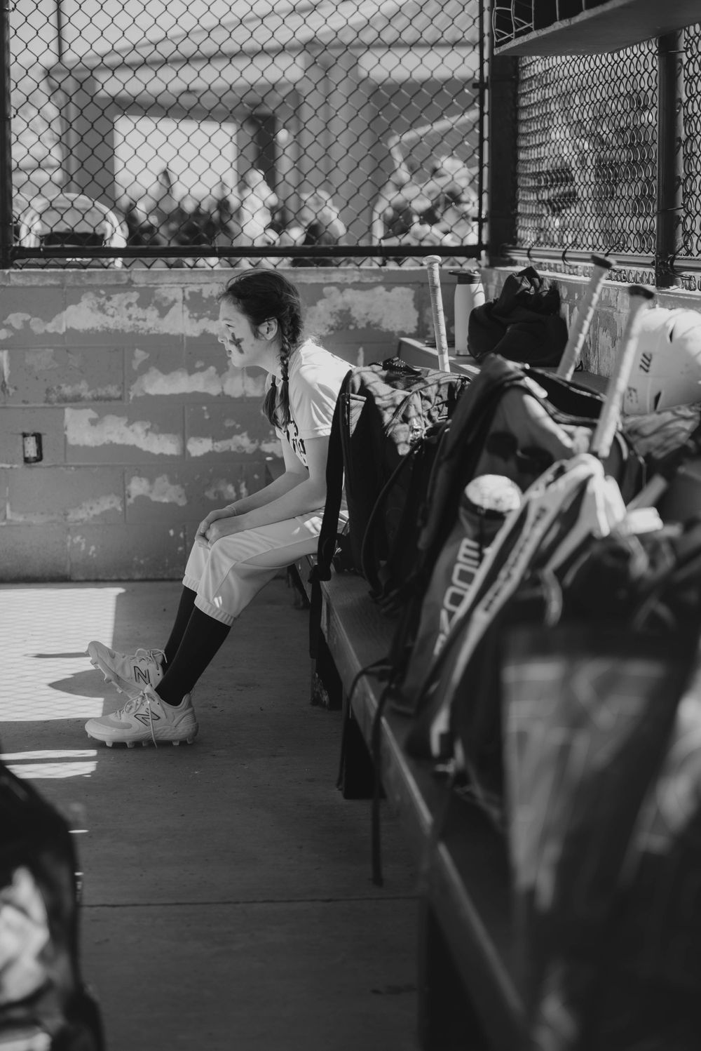 girls pee wee softball black and white portrait