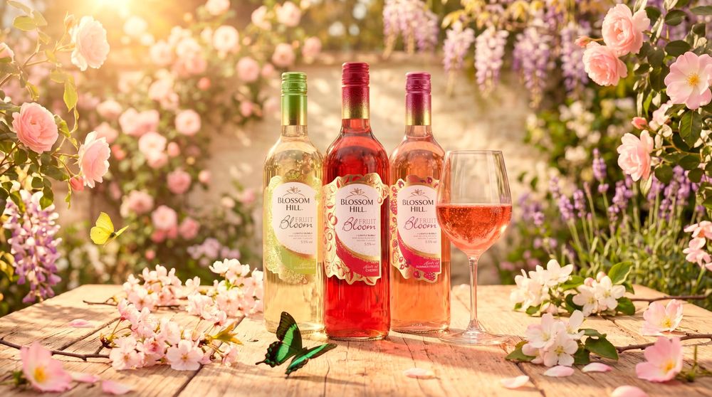 Three floral wine bottles with a glass of rose wine surrounded by pink flowers in a sunny garden setting.