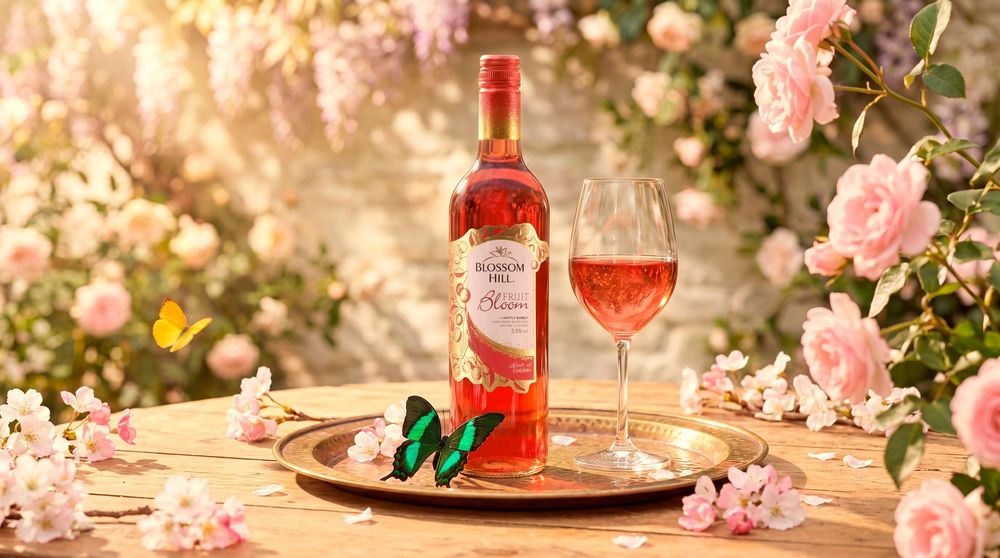 A bottle of rosé wine and a filled glass on a golden tray, surrounded by pink roses and green butterflies in soft light.