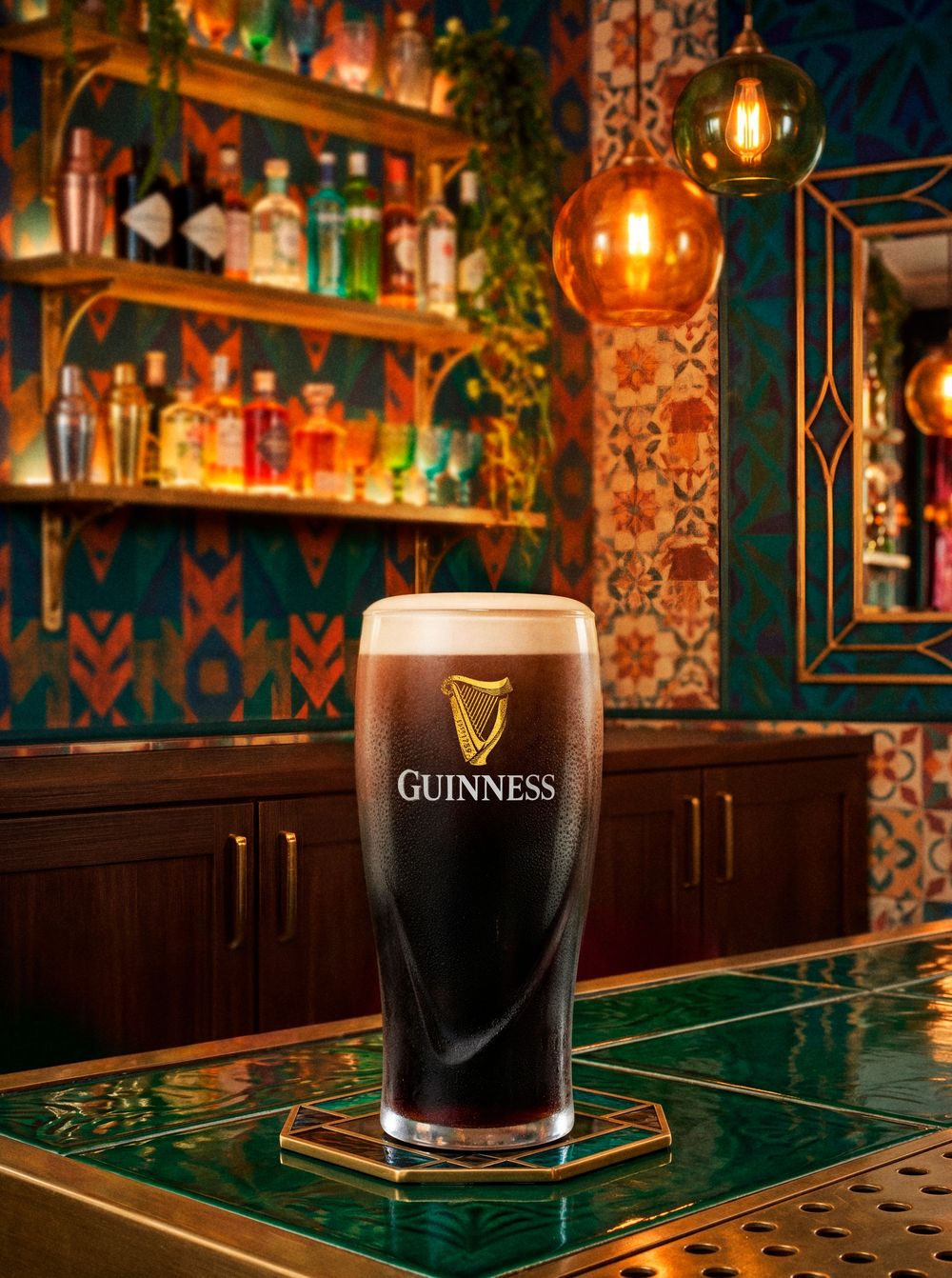 A pint of Guinness stout on a bar counter in a vibrant Irish pub with colorful shelves of spirits.