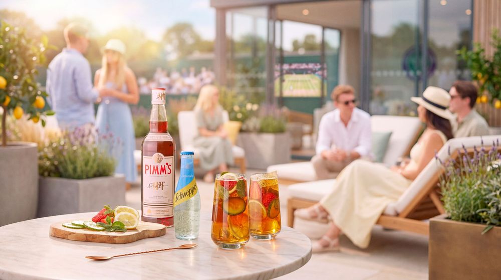 Friends relaxing on a sunny rooftop terrace with Pimm's cocktails and fresh fruit garnishes on a wooden table.