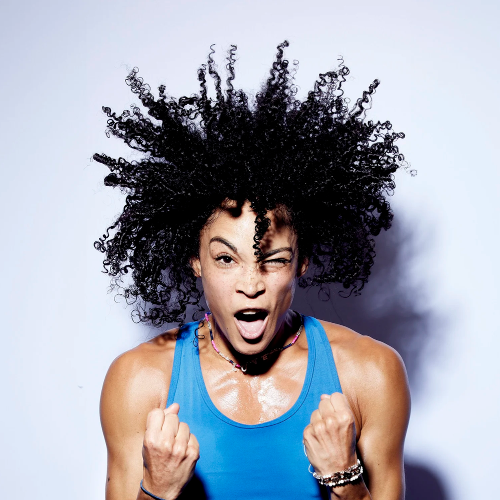 Series of expressive portraits showing dynamic poses and movements against a light background wearing a blue tank top.
