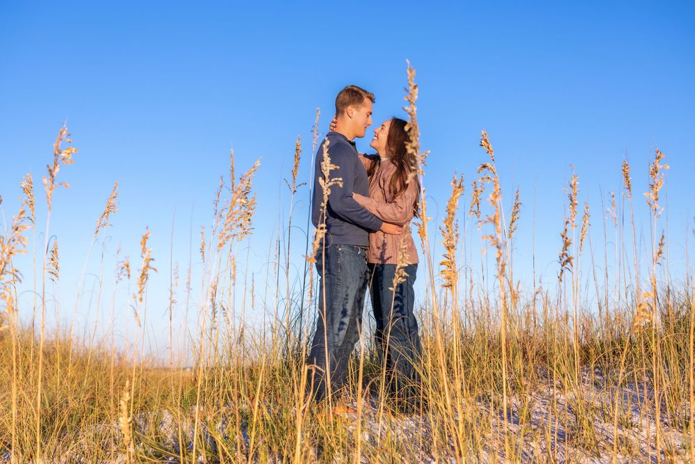 Tall grass silhouetted against bright blue sky with people walking along horizon at sunset.
