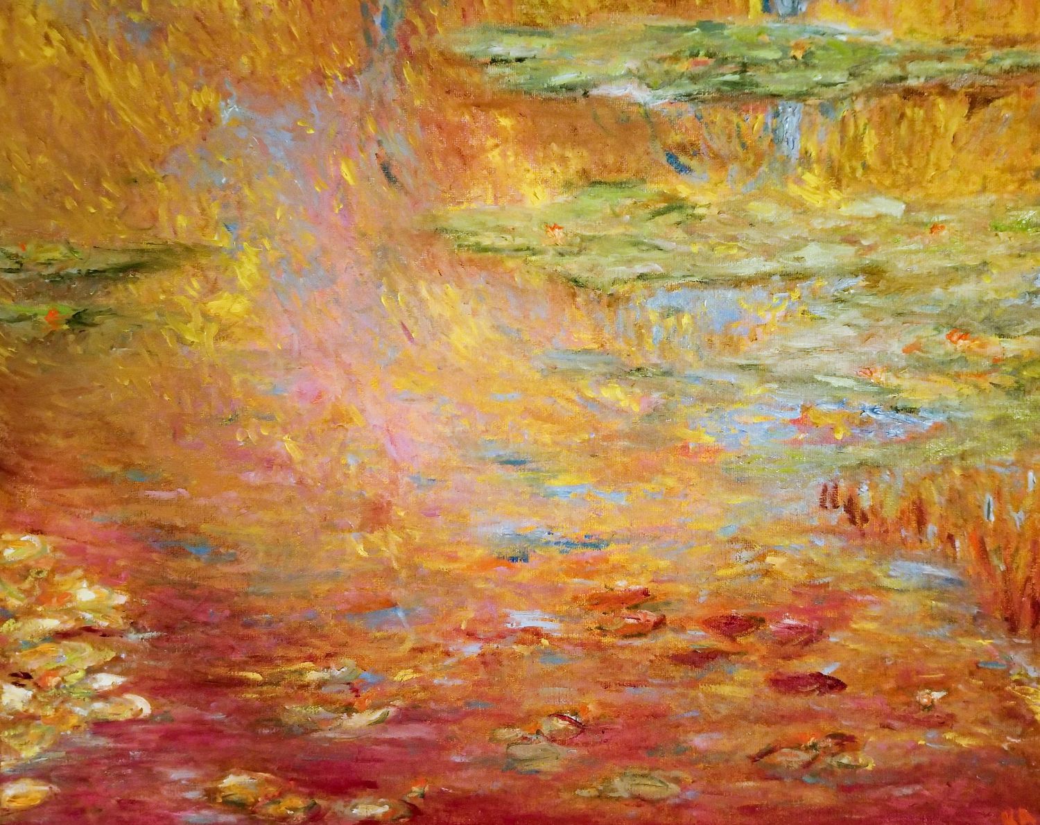 Abstract expressionist painting showcasing vibrant swirls of blue, pink, orange and green paint in dynamic brushstrokes.