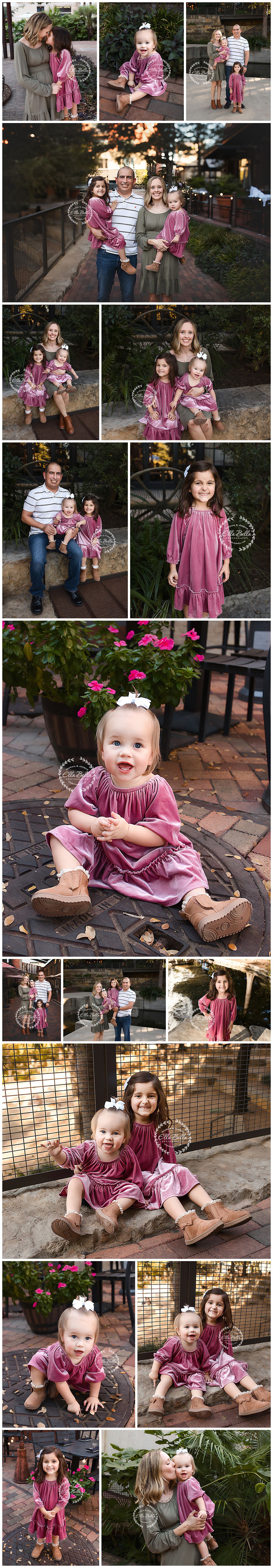 Family photo session in a garden setting with coordinating mauve dresses and casual outfits on brick pavers.