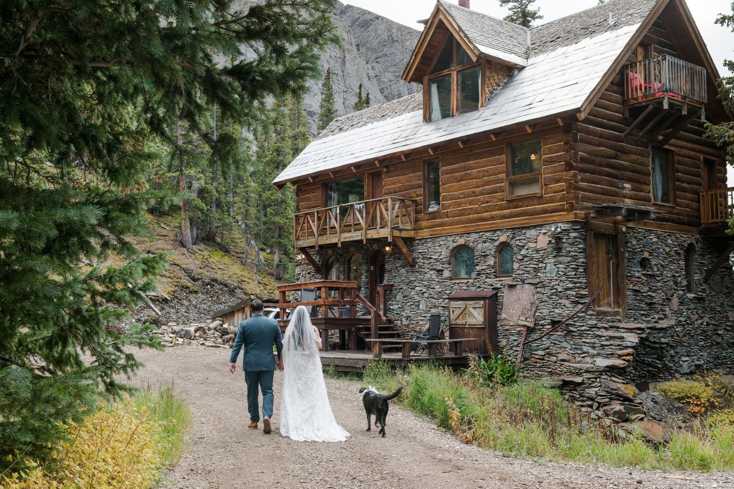 A bride and groom walking towards a rustic log cabin  with dog walking beside them for their mountain wedding day near Telluride.