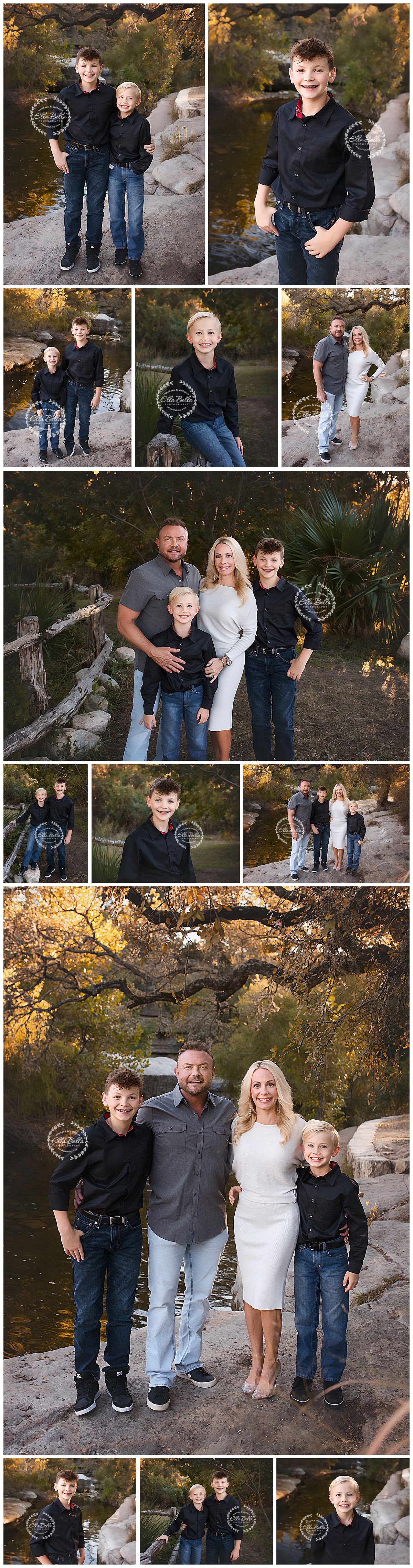 Family photo session on rocky terrain with autumn foliage in the background during golden hour.