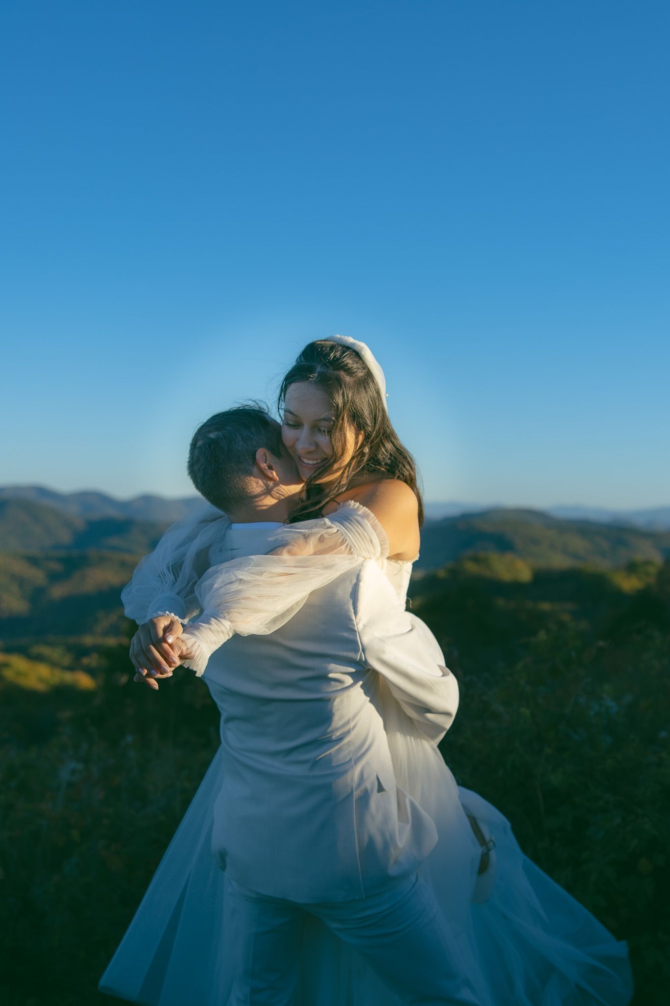 blue ridge mountains sunset elopement wedding day bride groom dancing romantic dress asheville fall trees