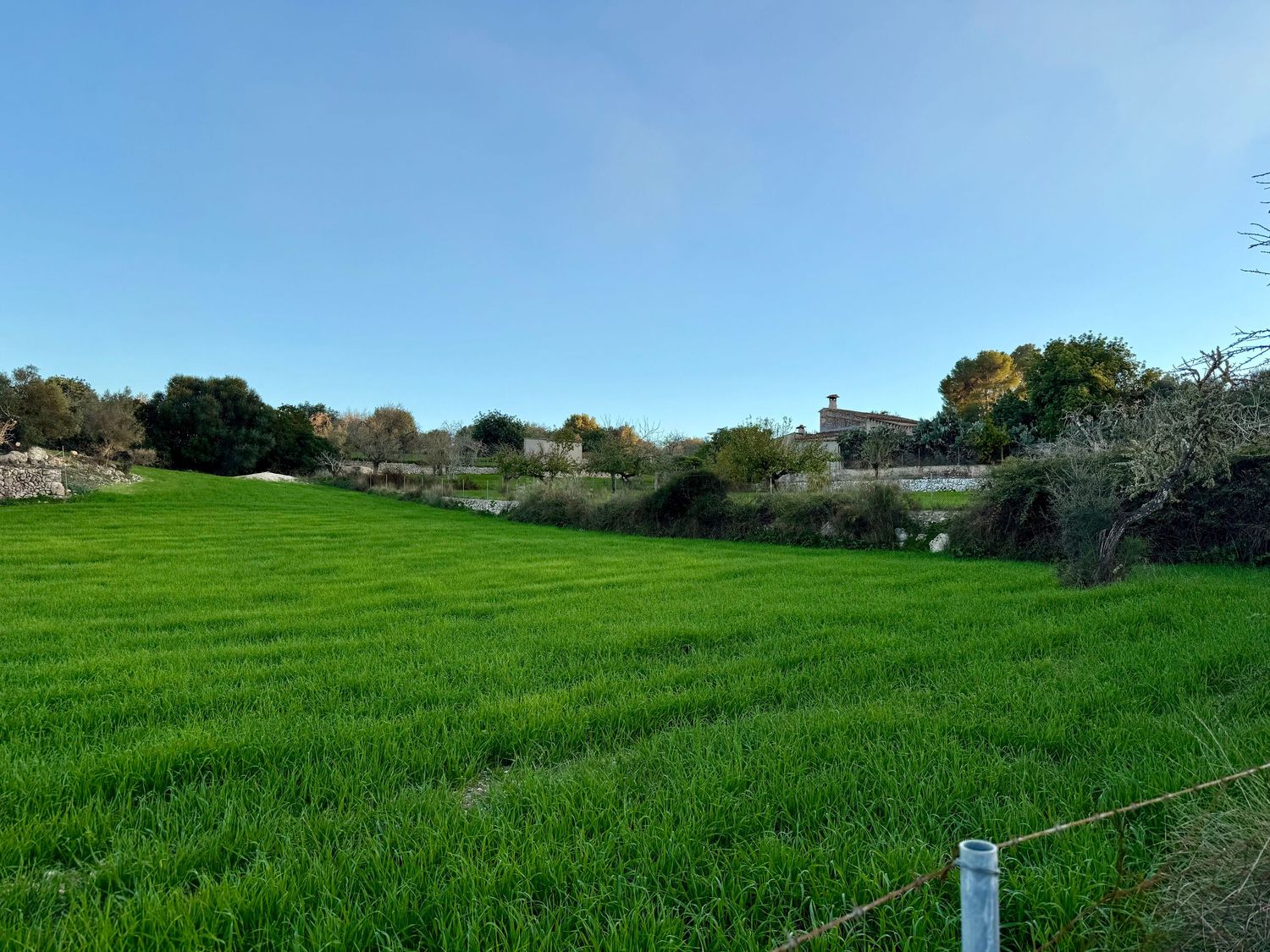 Rolling green agricultural fields stretch across gently sloping terrain under a bright sky.