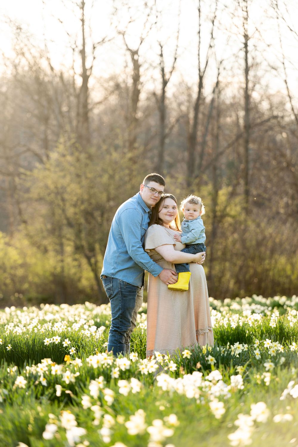 Happy expecting family with toddler posing together in golden hour daffodil field in spring.