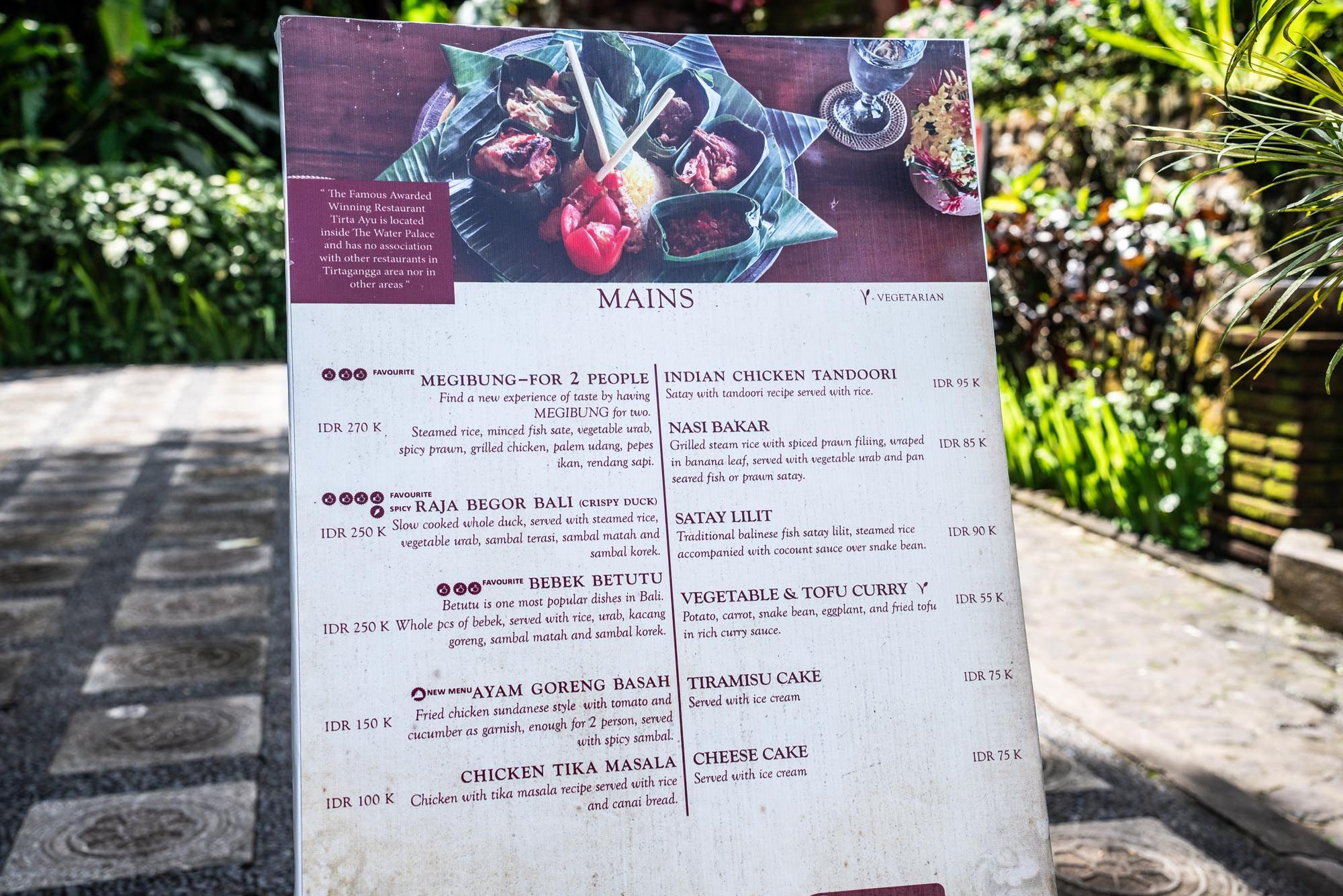 Restaurant menu at Tirta Gangga Bali