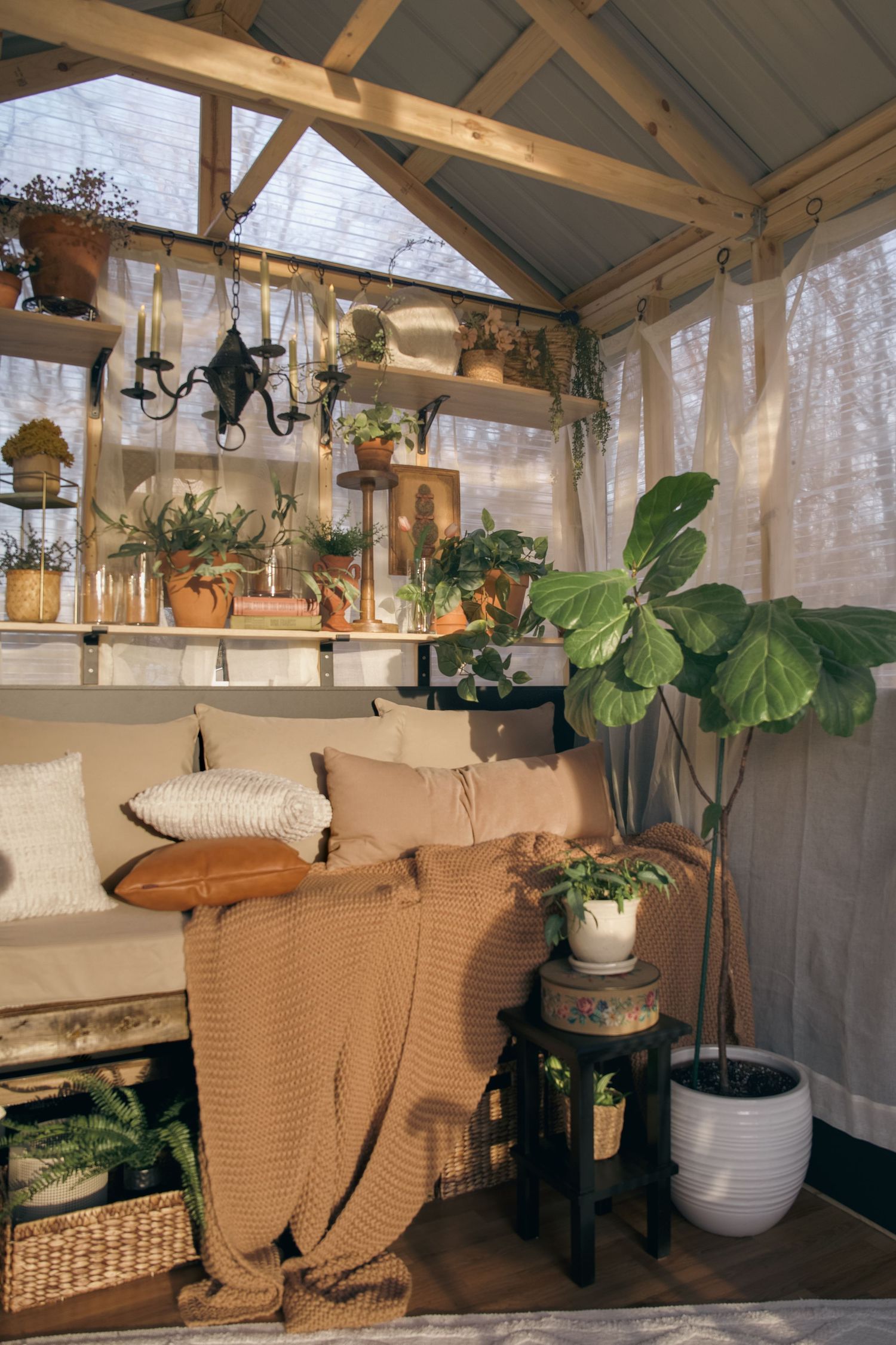 Cozy greenhouse sitting area with lush plants, warm throw blankets, cushioned bench, and rustic wooden shelving in natural light.