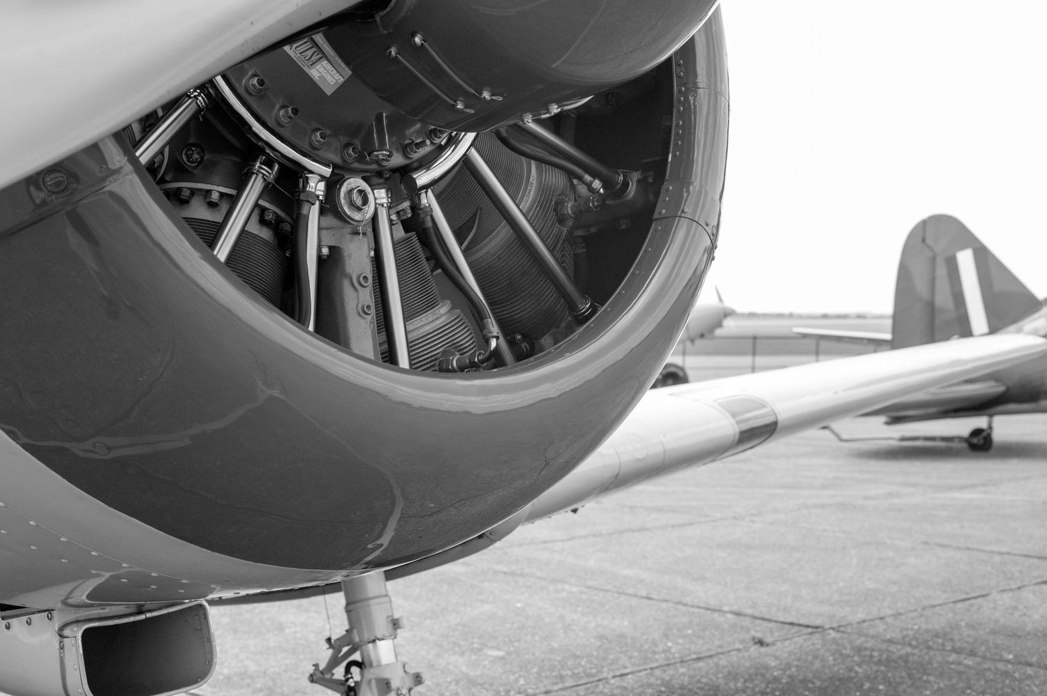 Close-up black and white photo of a vintage aircraft radial engine with another plane visible in the background.
