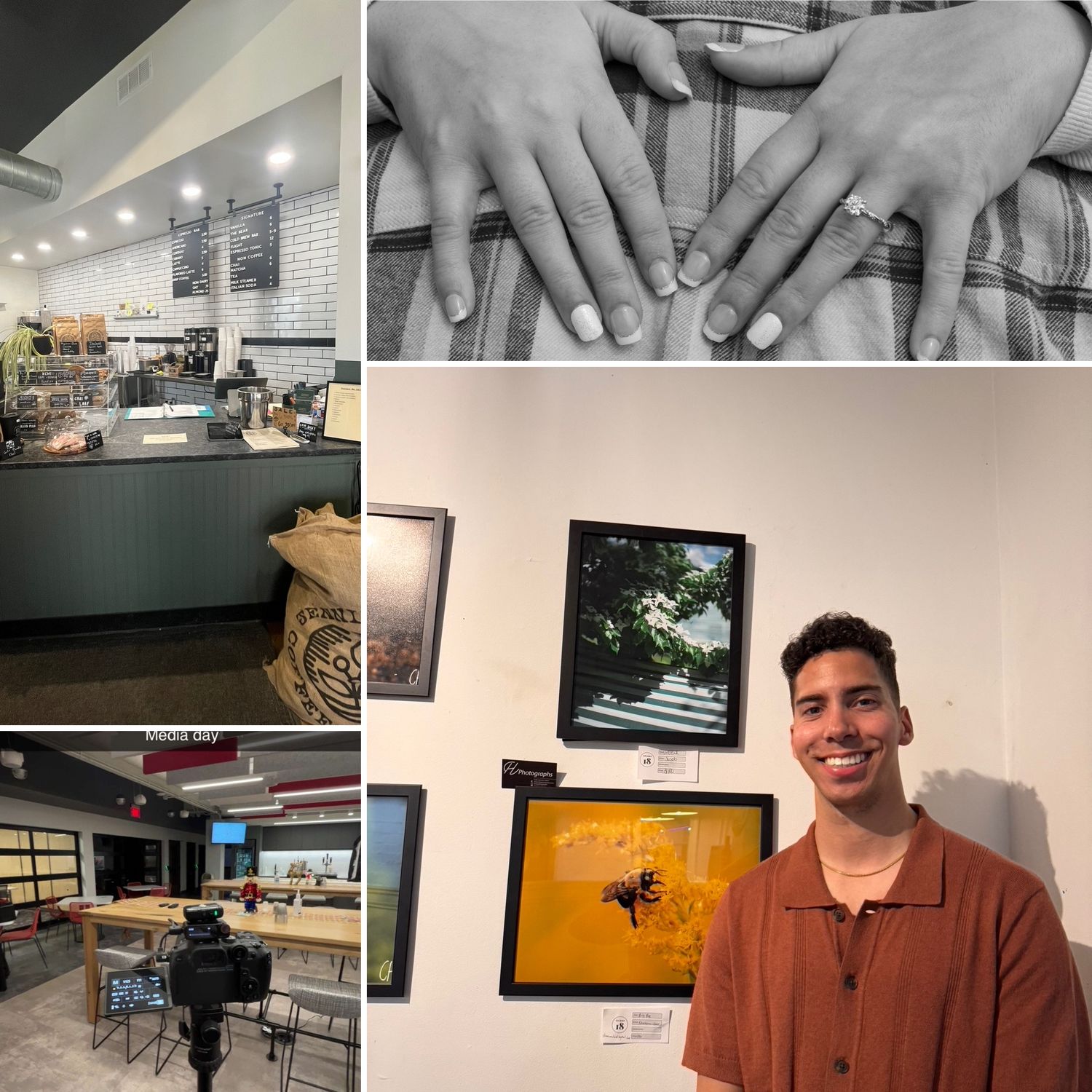 A collage showing a coffee shop interior, an engagement ring, a smiling man at an art gallery, and a video production setup.