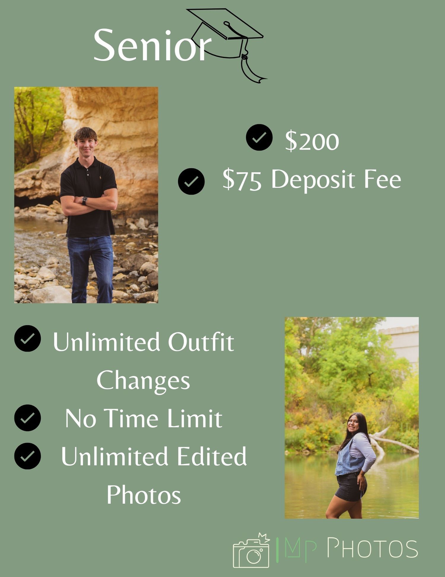 Senior photography package priced at $200 with $75 deposit, offering unlimited outfits, no time limit, and unlimited edited photos.