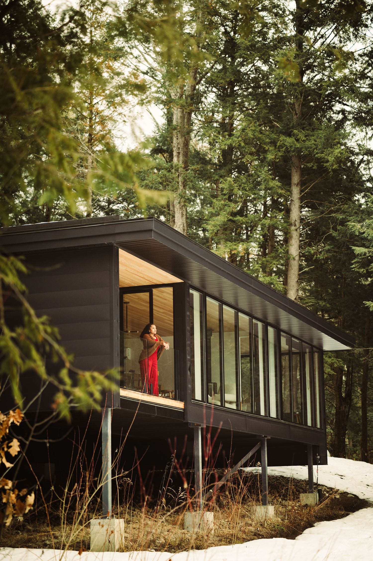 A modern dark cabin on stilts surrounded by snow-dusted forest, with a person in red standing on the glass-walled porch.