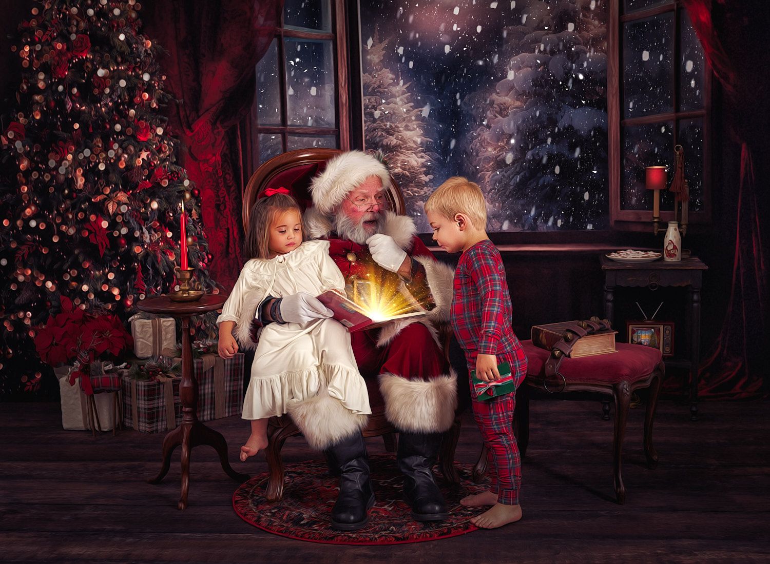 Santa reading a book to toddler boy and girl in pajamas