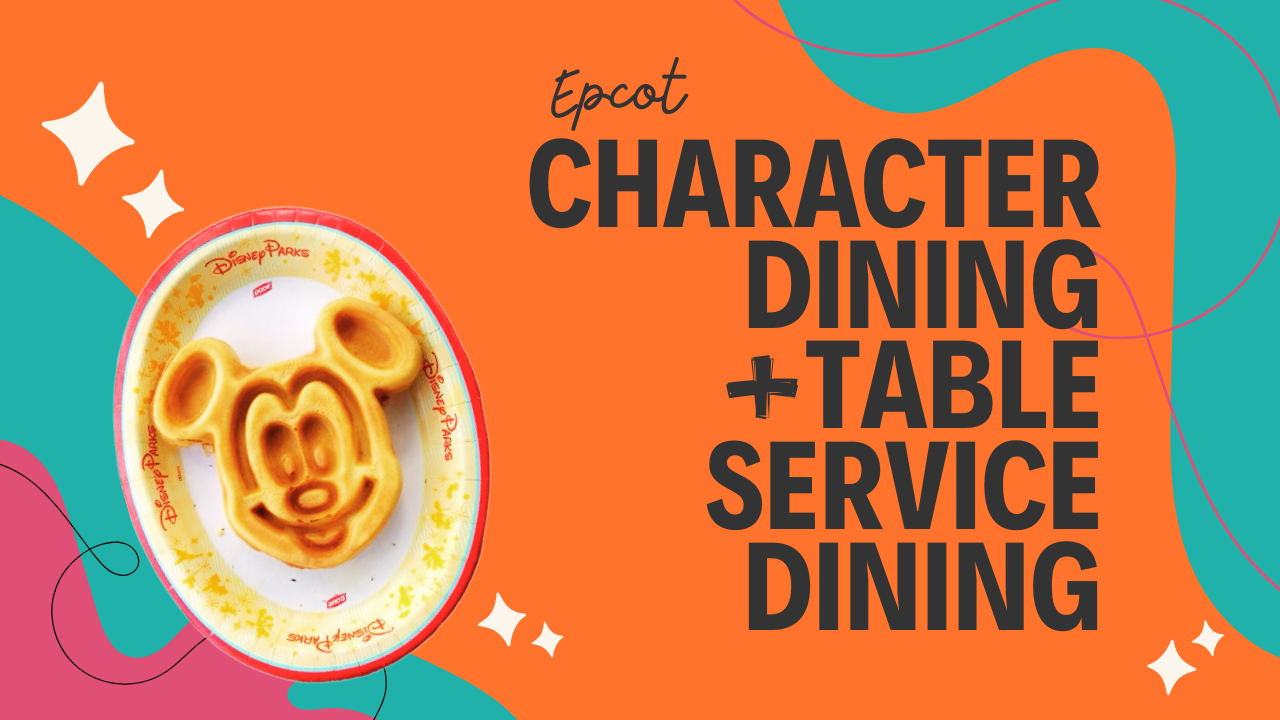 Orange themed banner for EPCOT character dining and table service options with Mickey waffle icon.