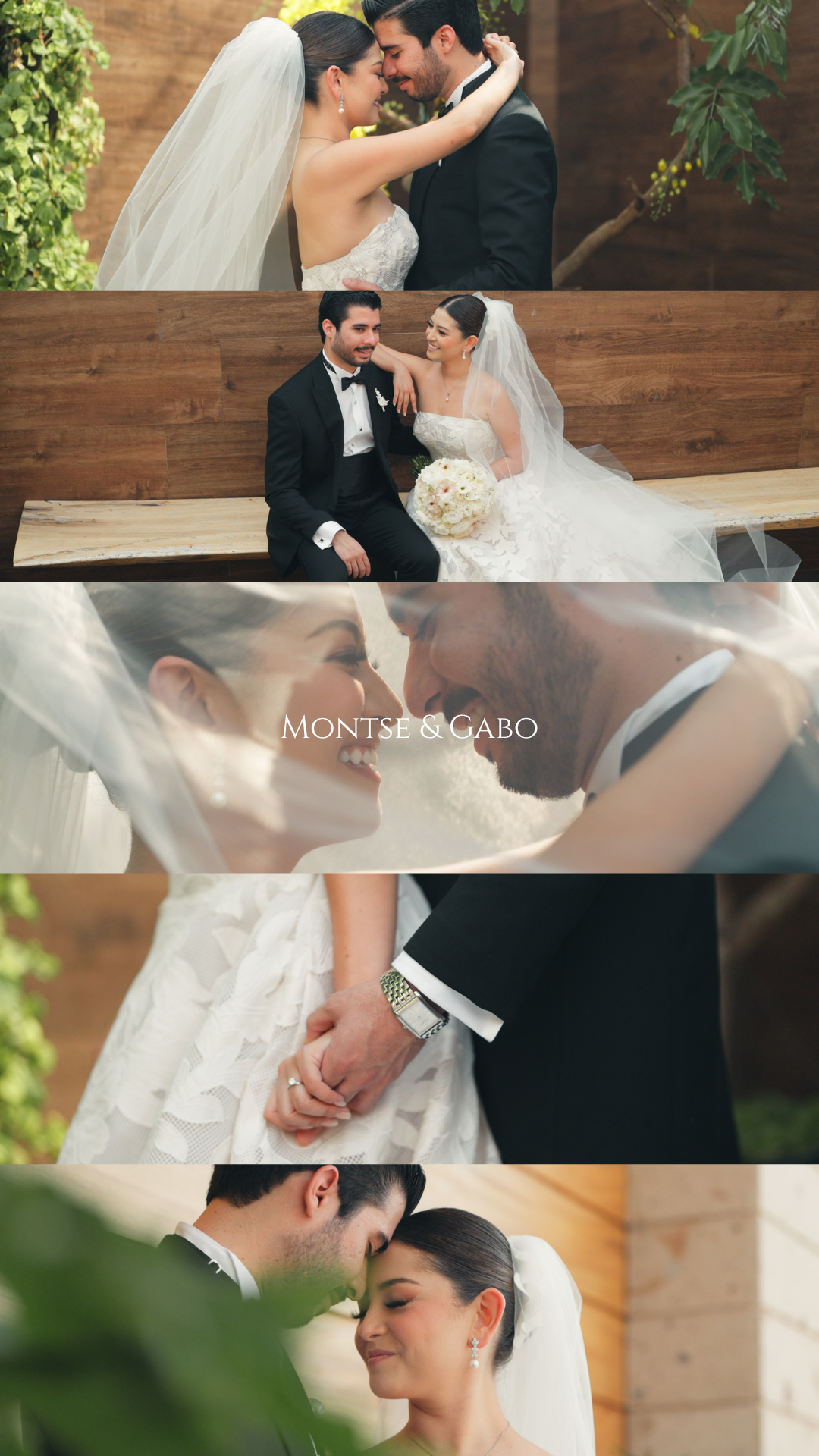 Elegant wedding photo collection featuring romantic moments and rustic wooden backdrops.