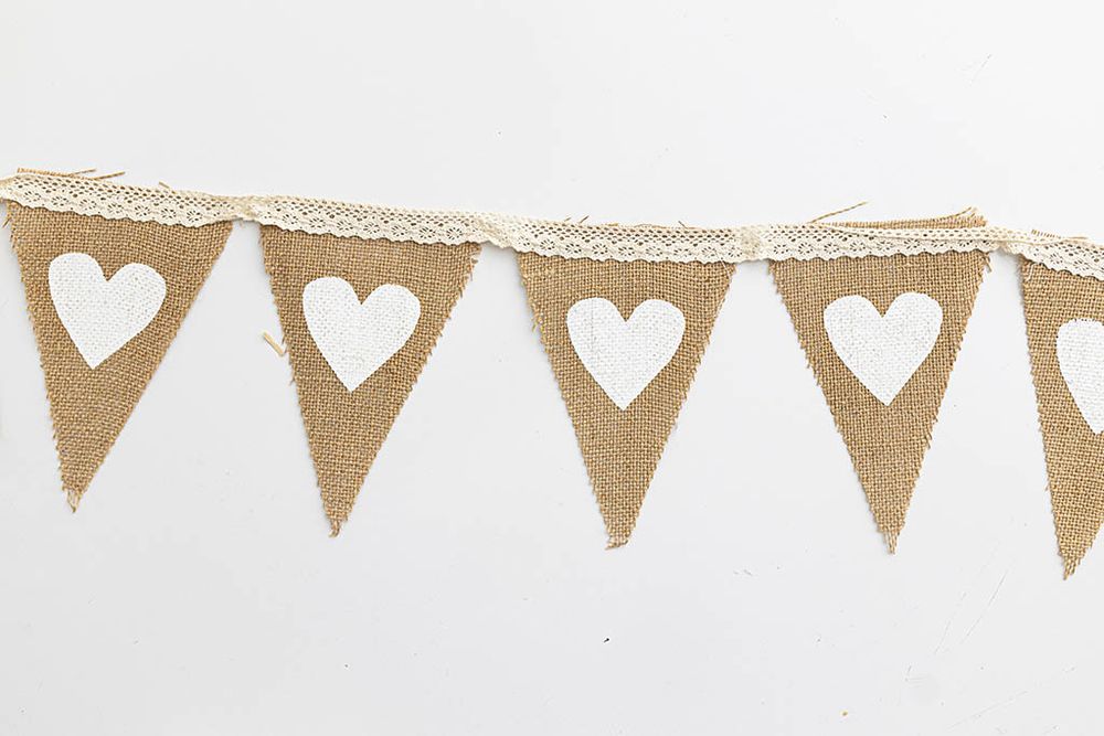 Rustic burlap heart pennant bunting banner with lace trim for baby photography in Wildomar.